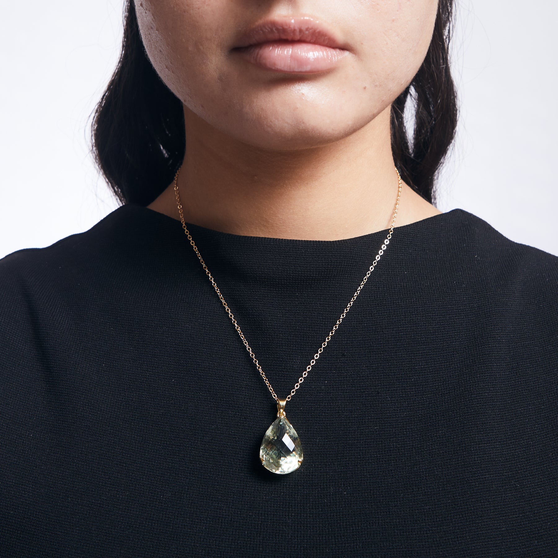 Green Quartz checkerboard faceted teardrop claw vermeil pendant on model