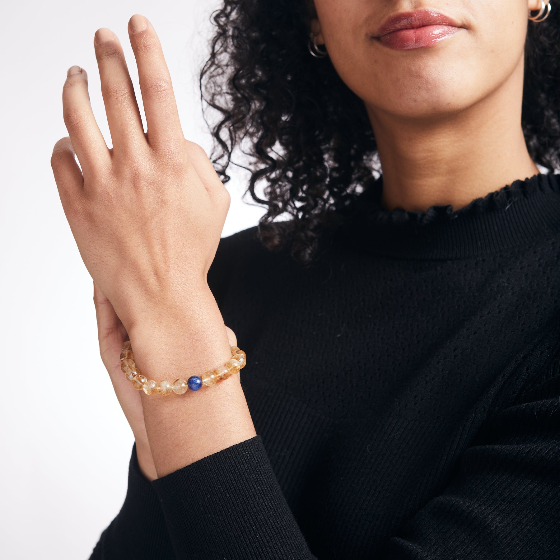 Citrine and kyanite beaded bracelet on model