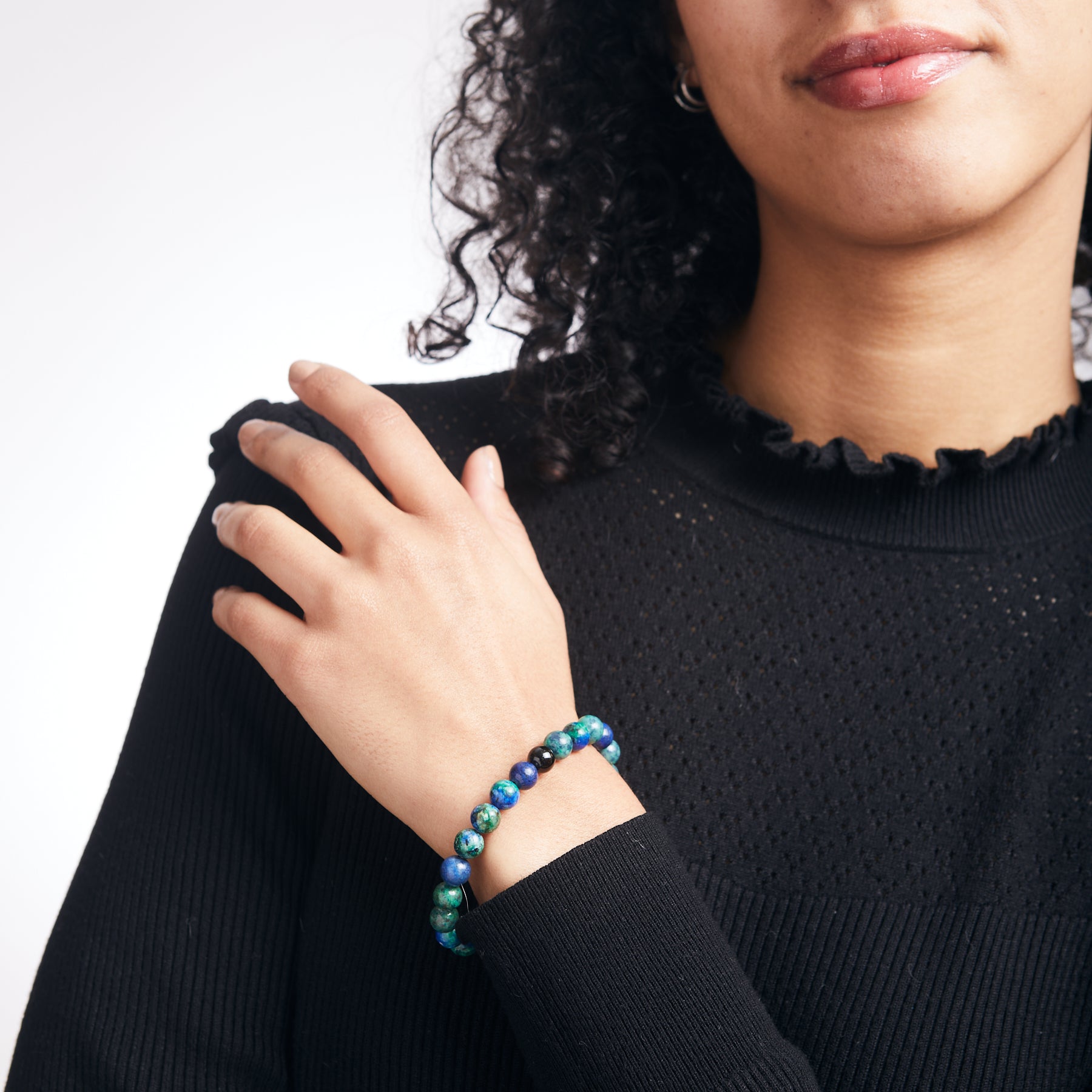 Azurite Malachite and Black tourmaline beaded bracelet on model