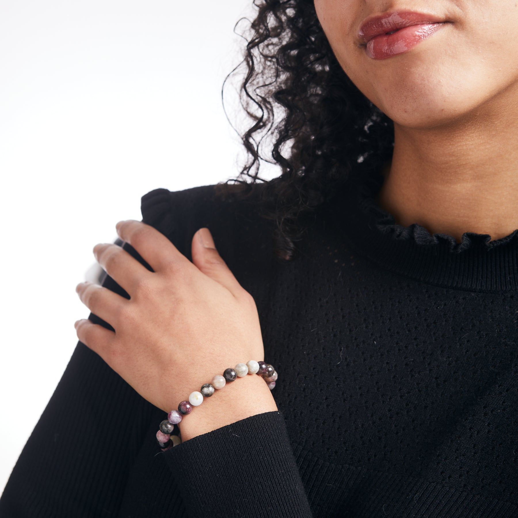 Multi colour beaded tourmaline bracelet on model