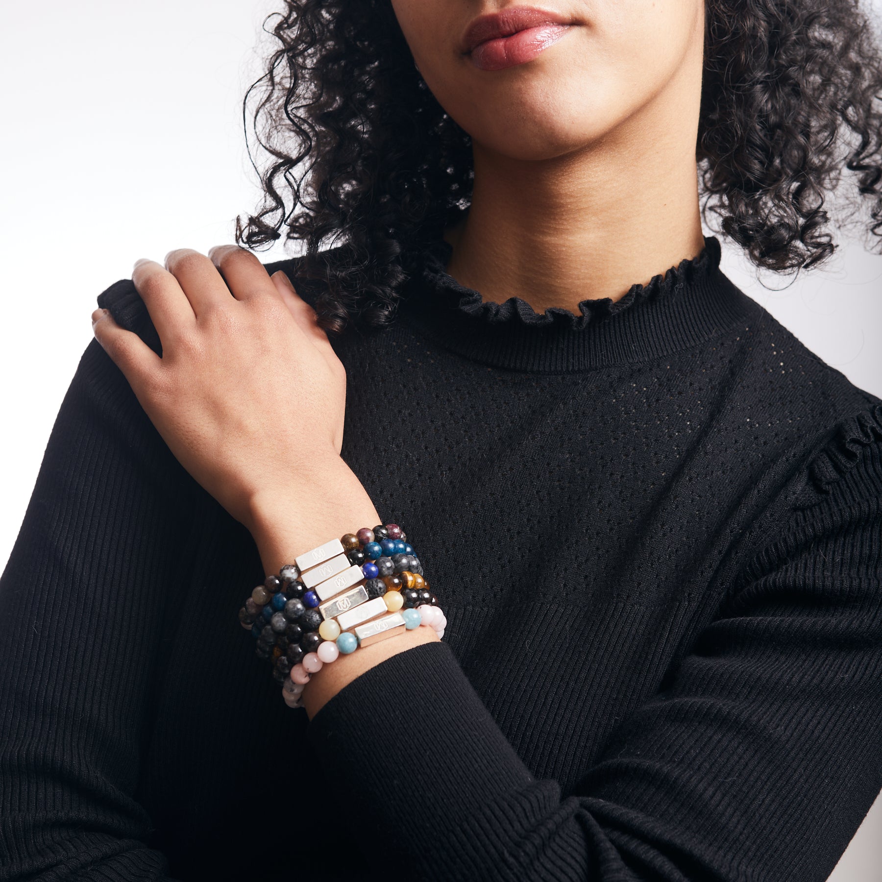 Garnet & Lava Stone Beaded Bracelet on model