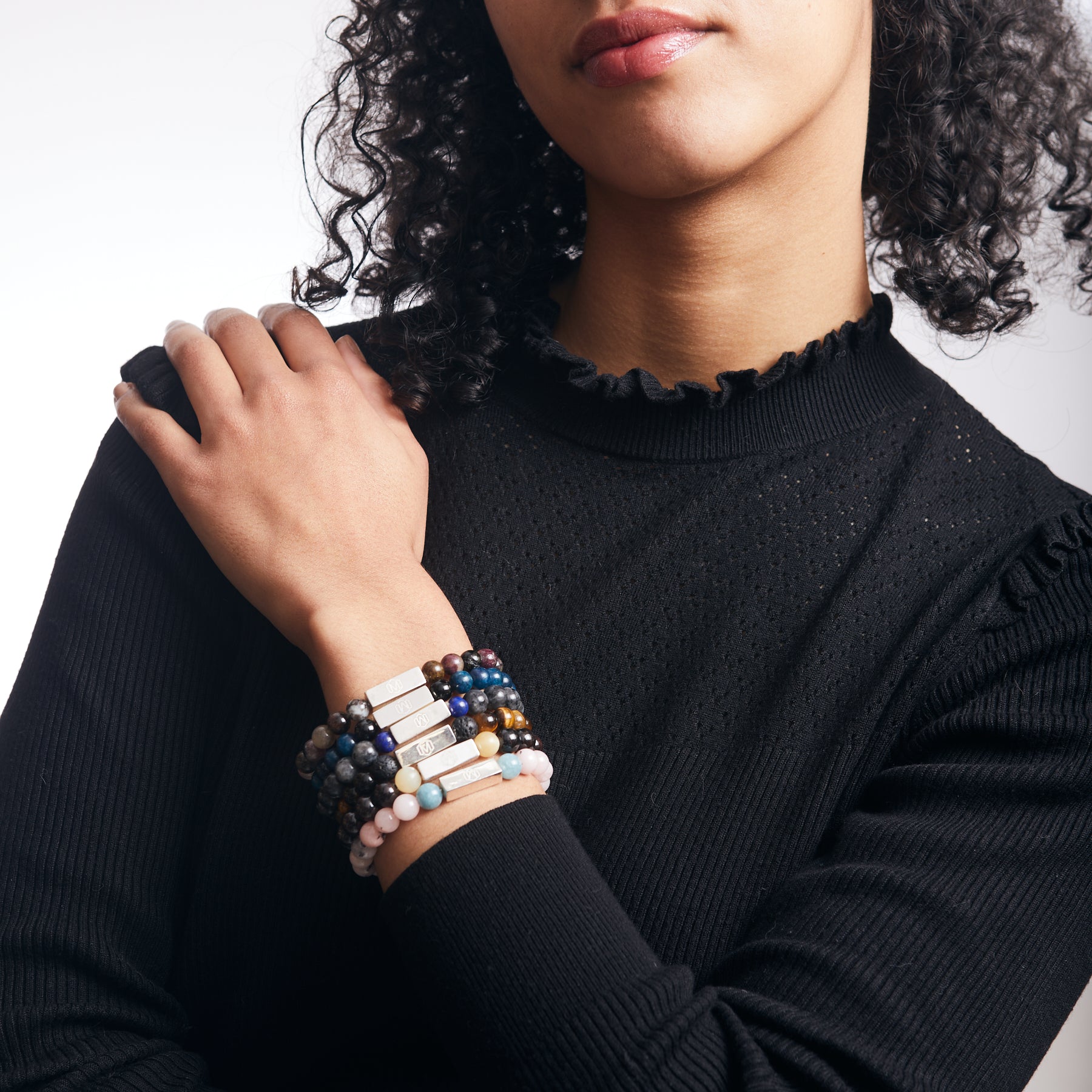 Obsidian & Lapis Lazuli Beaded Bracelet on model