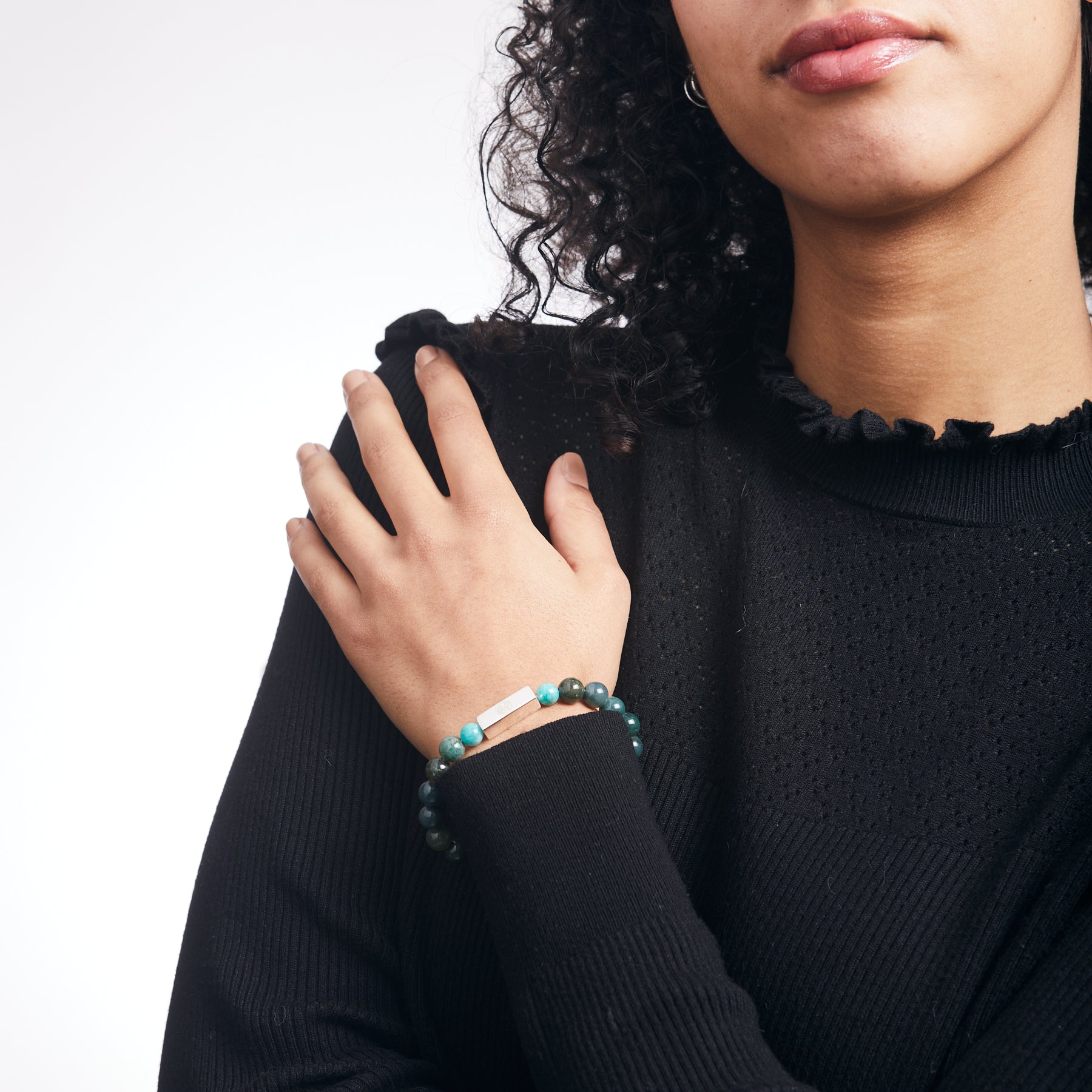 Amazonite & Moss Agate Beaded Bracelet on model