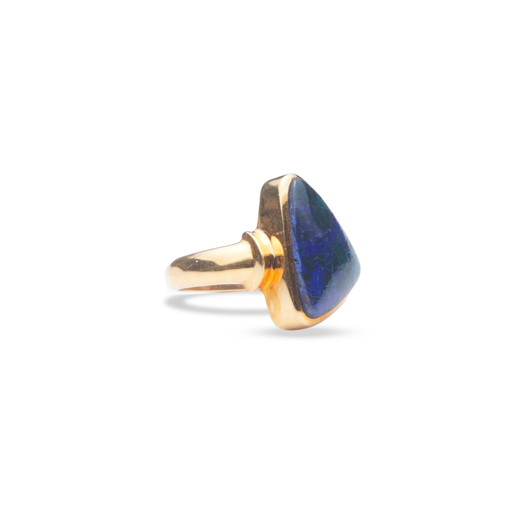 Azurite cabochon freeform vermeil ring with shoulder band side angle