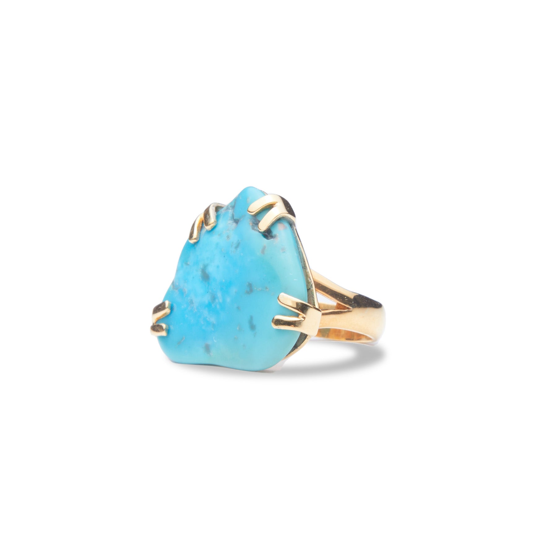 Sleeping beauty turquoise rough freeform vermeil ring with double claw and split band 