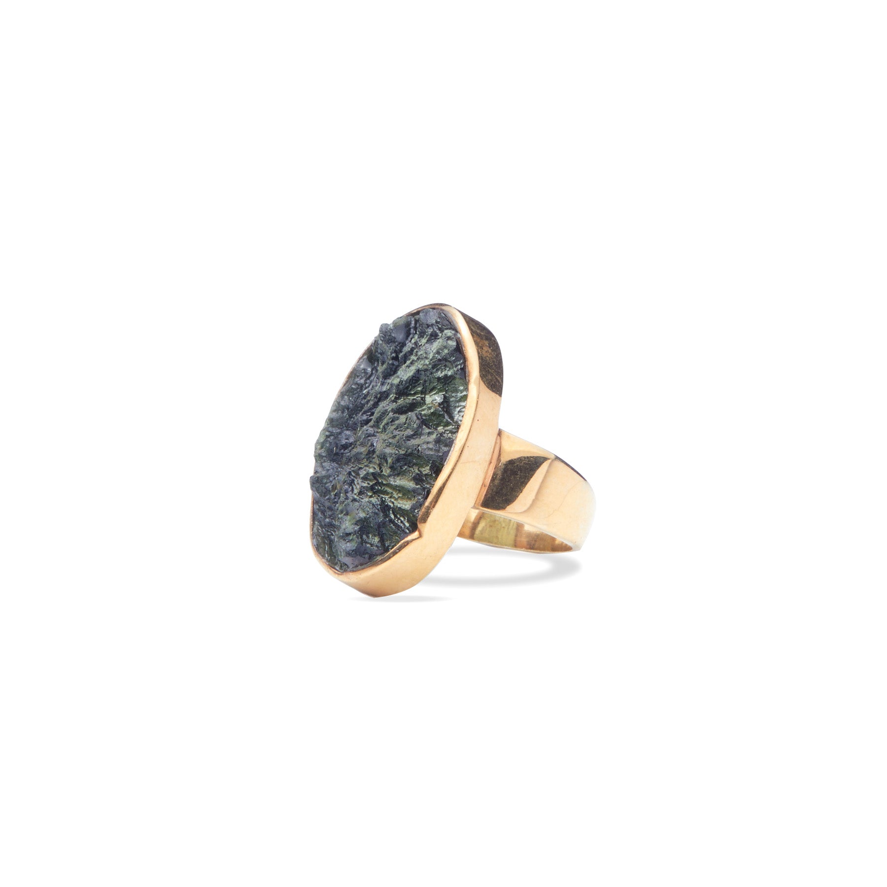 Moldavite rough freeform vermeil ring 