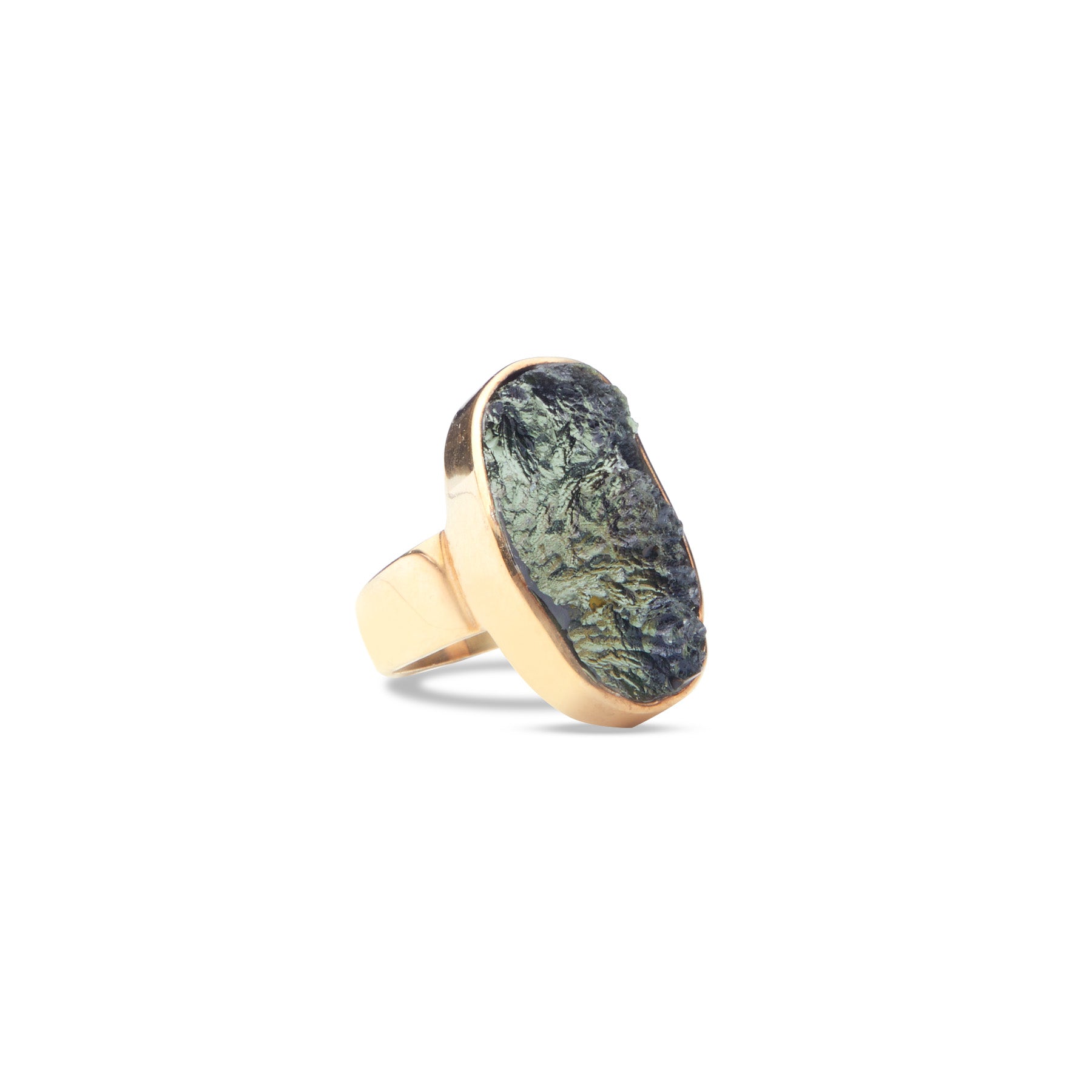 Moldavite rough freeform vermeil ring side angle