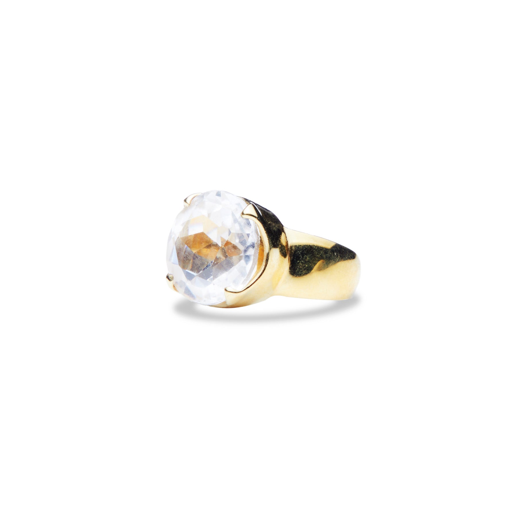 Clear Quartz round faceted vermeil ring with claw bezel side angle