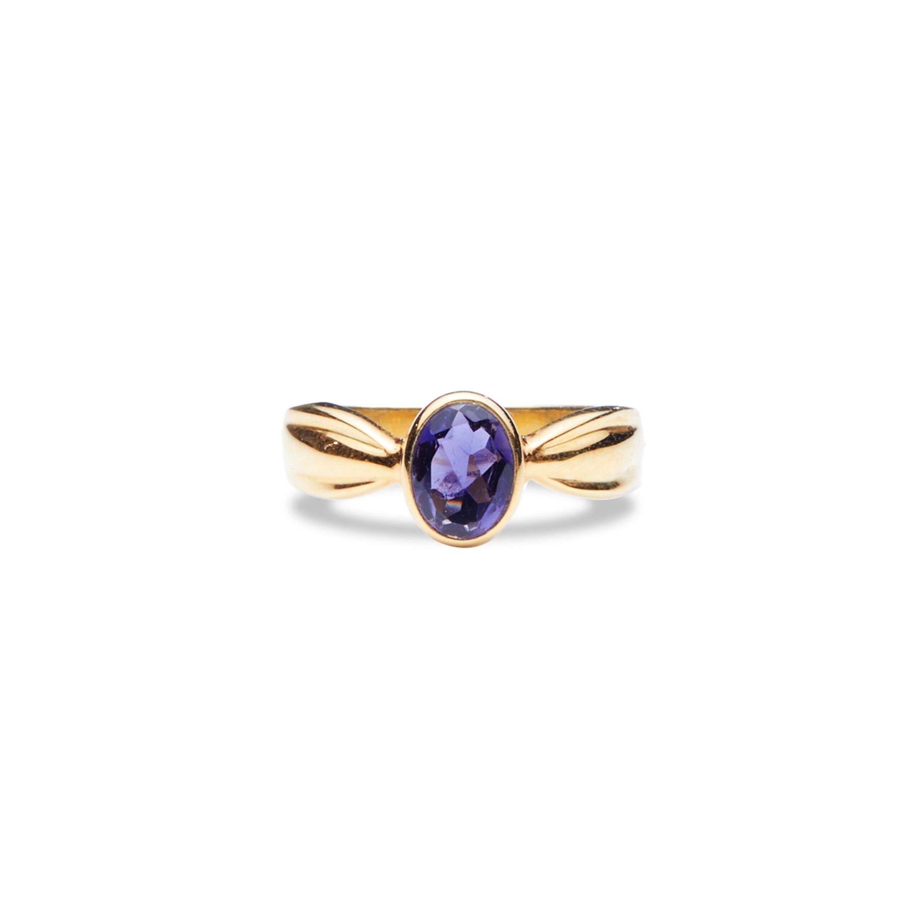 Iolite faceted oval vermeil ring with detailed band  front angle