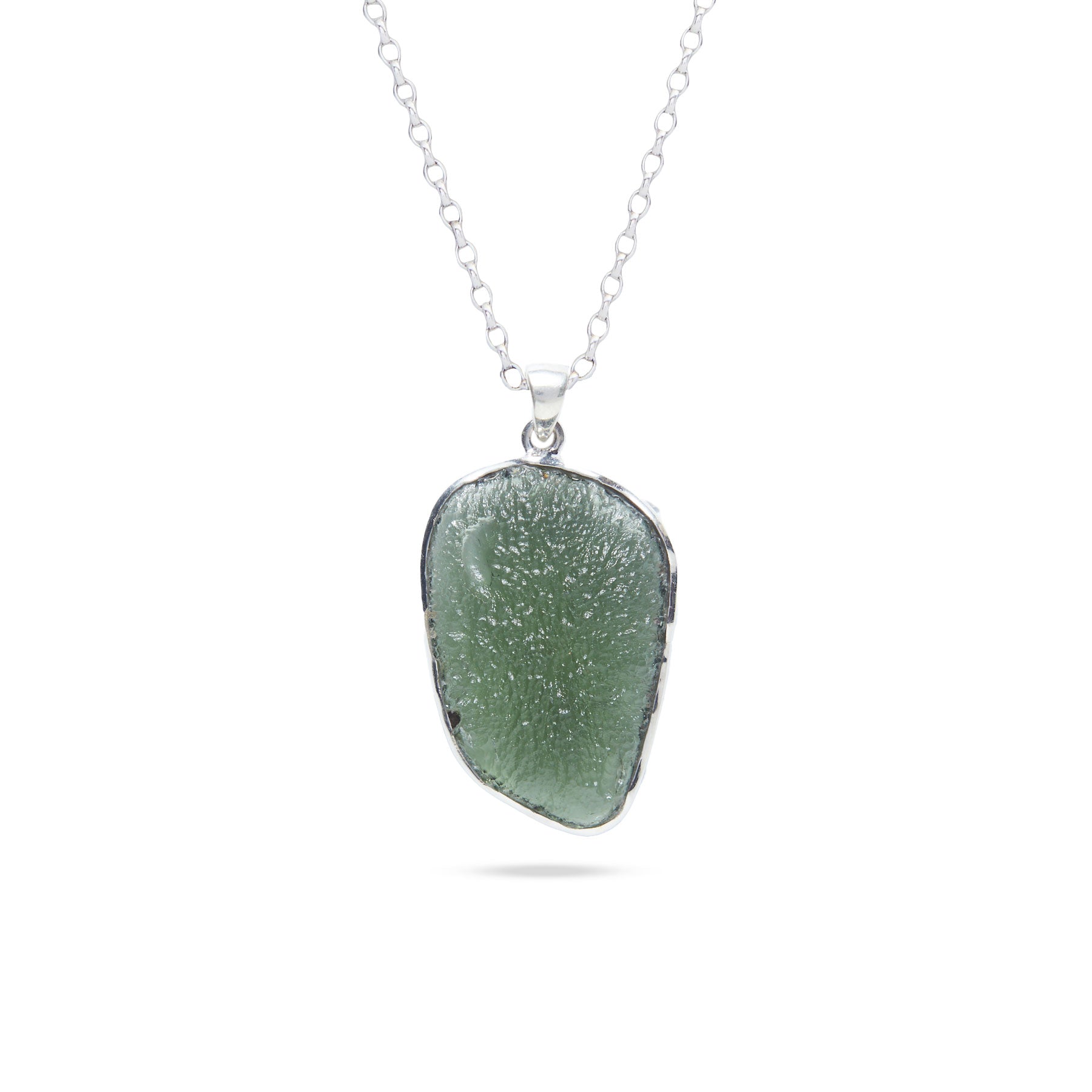 Moldavite freeform pendant with sterling silver bezel 