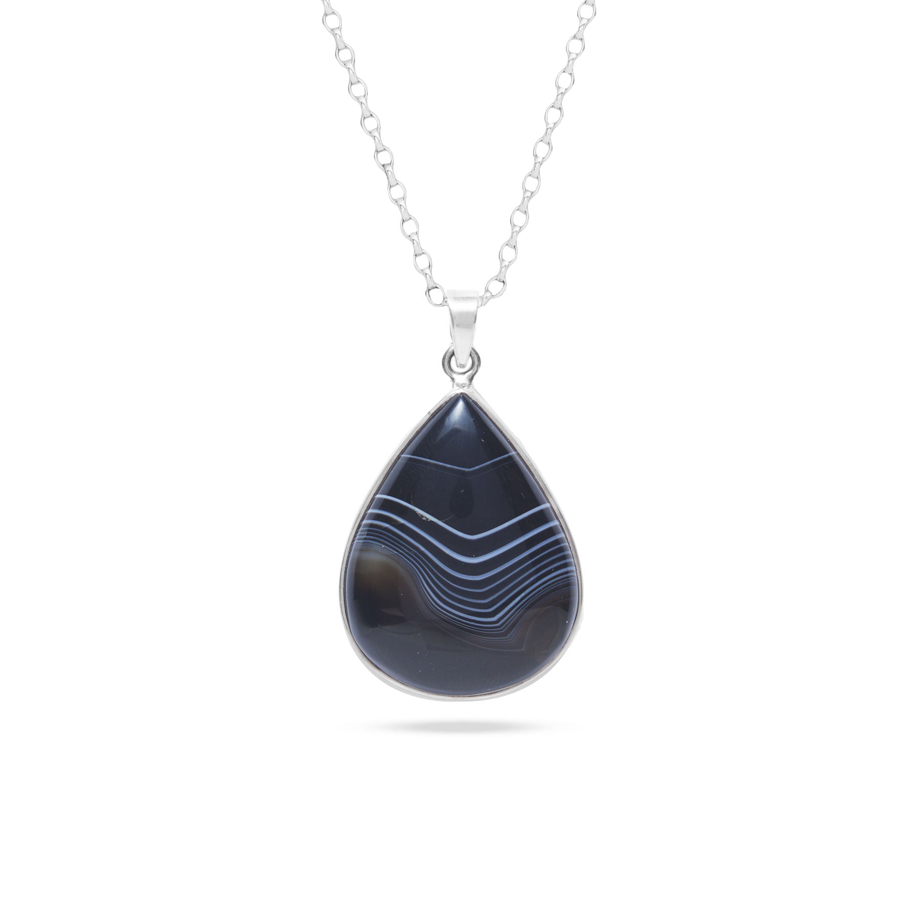 Teardrop banded agate pendant with sterling silver bezel