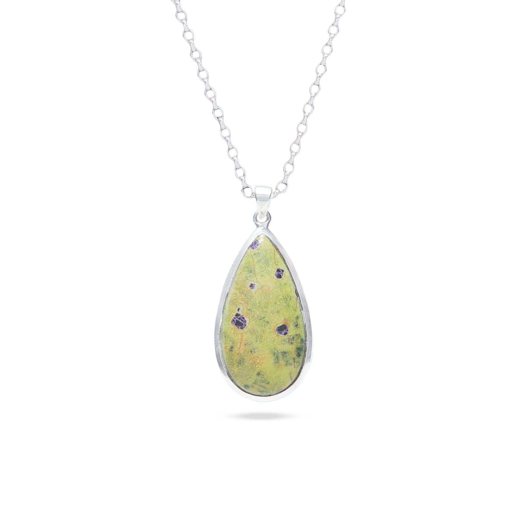 Serpentine Stitchtite teardrop pendant with sterling silver bezel