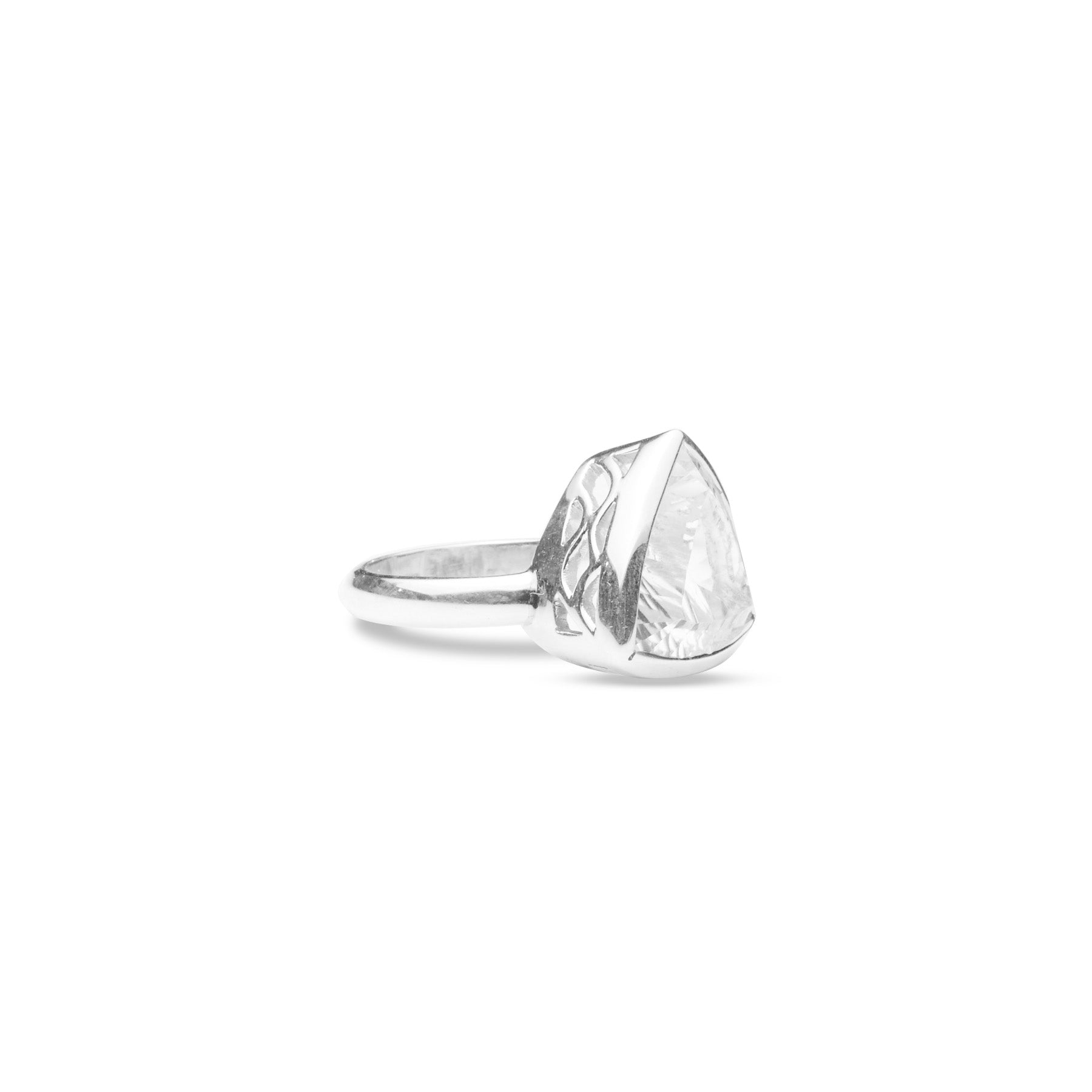 Clear Quartz triangle laser cut ring with filigree band side angle