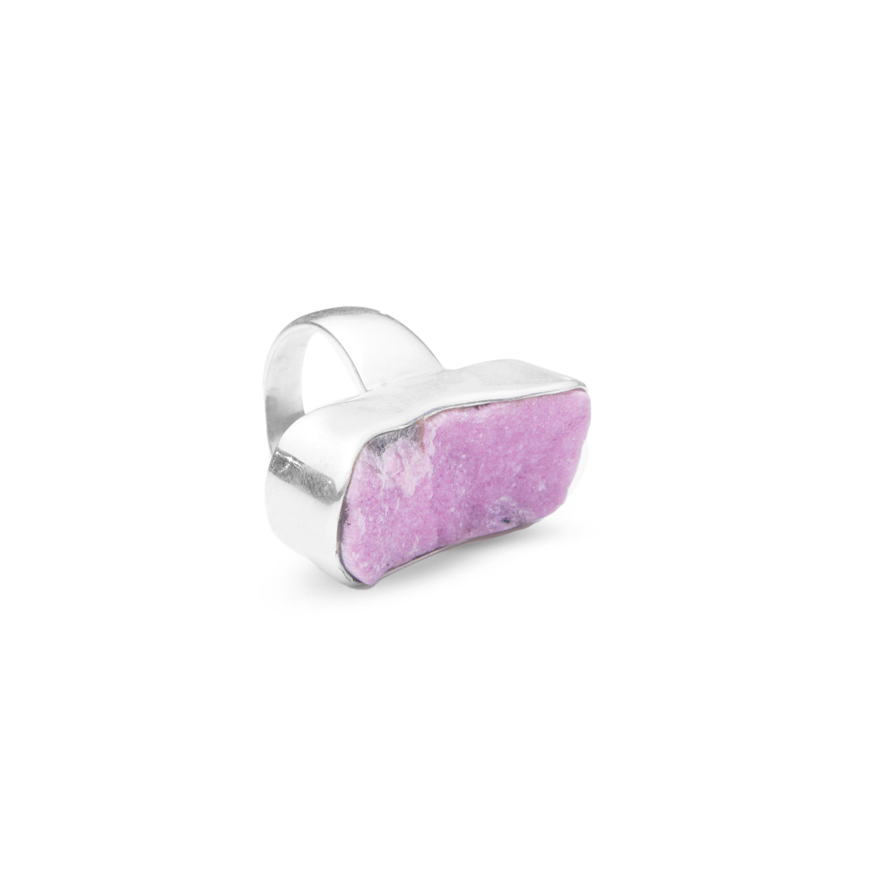 Cobaltian Calcite rough freeform ring with thick bezel and band side angle