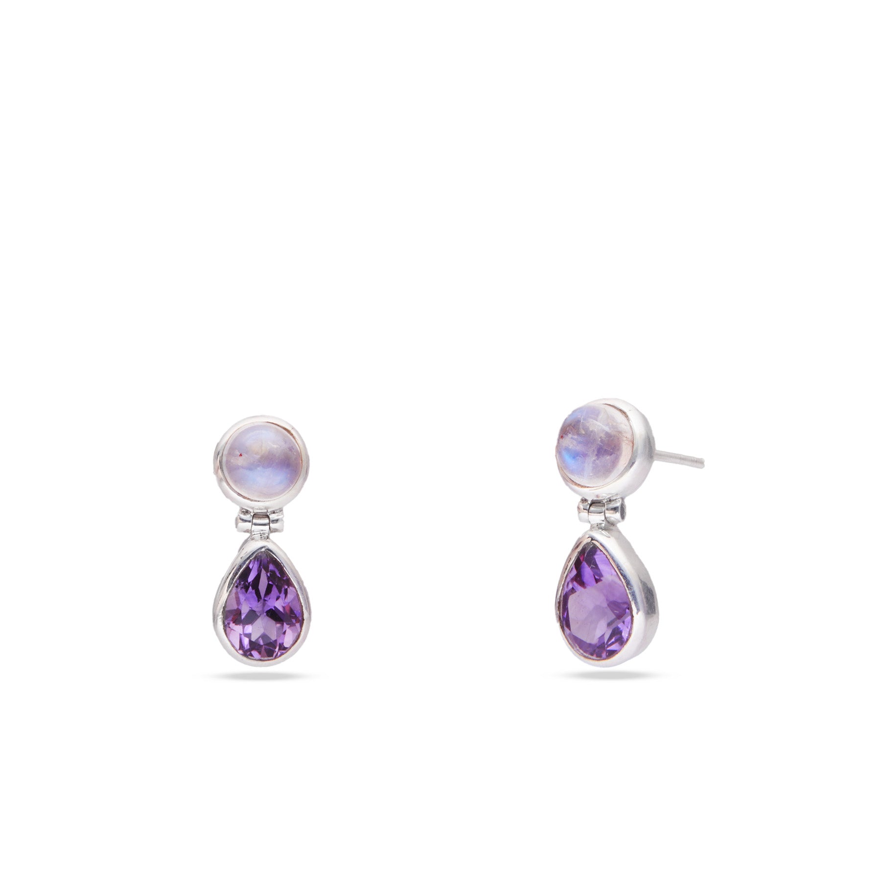 amethyst teardrop with round cabochon rainbow moonstone studs 