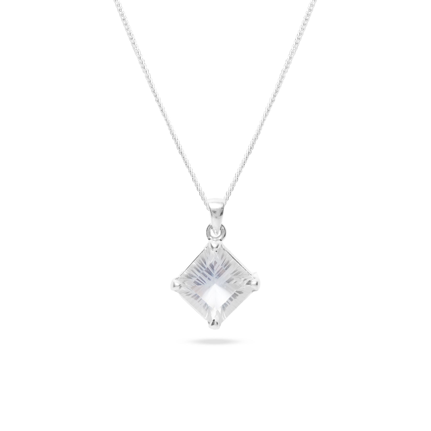 Clear Quartz diamond shaped faceted pendant with sterling silver claw bezel 