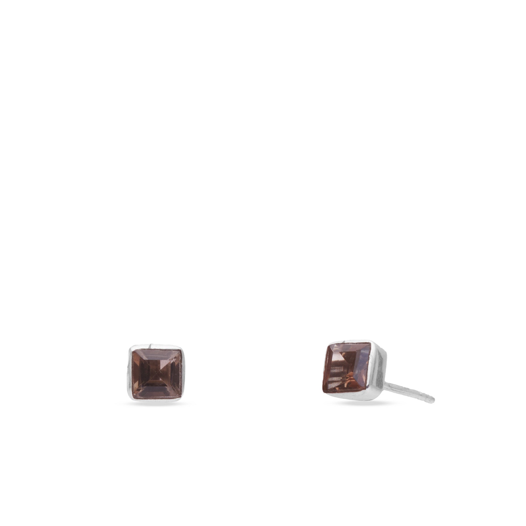 Smokey Quartz faceted square stud earrings with bezel setting