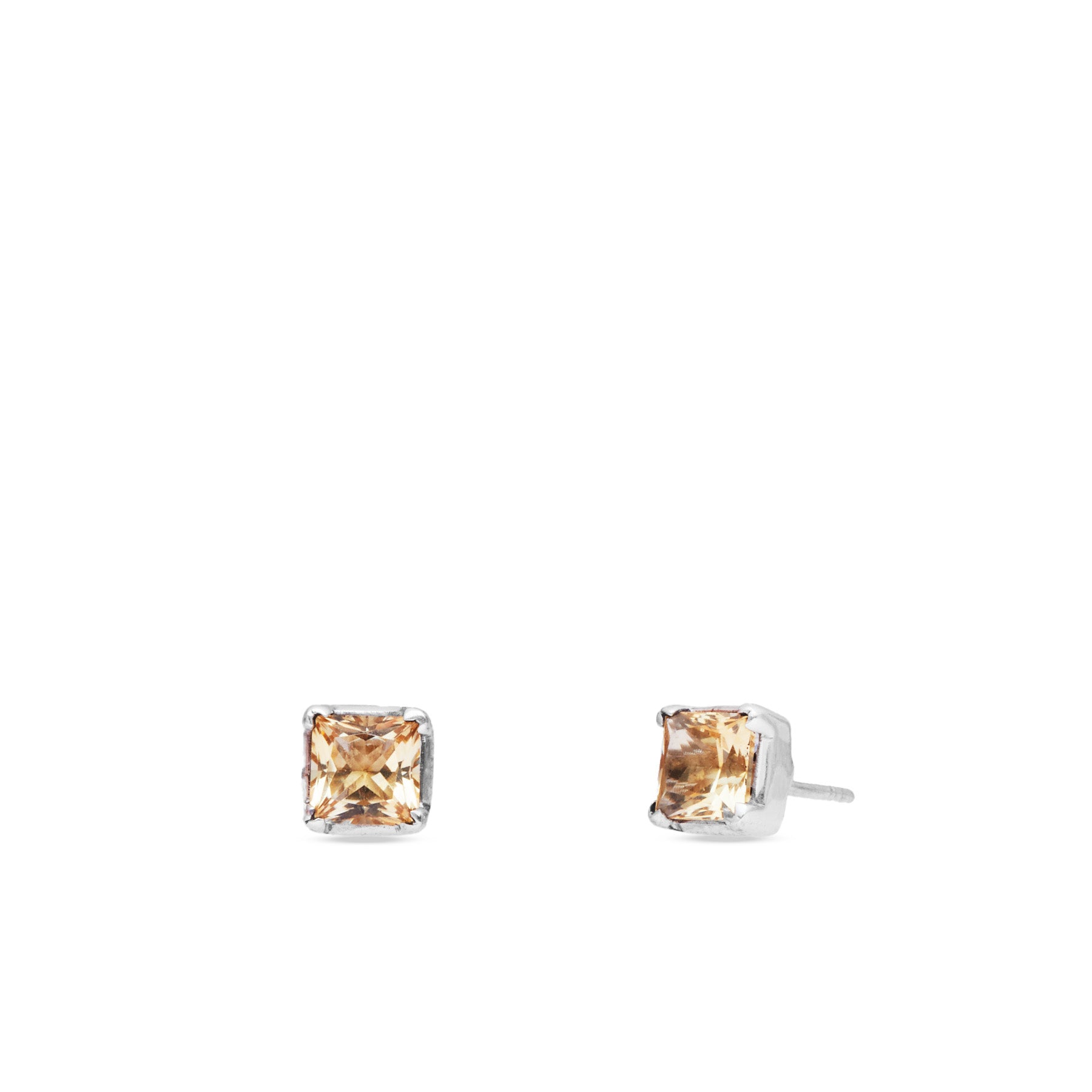 Citrine square faceted stud earrings with claw setting 