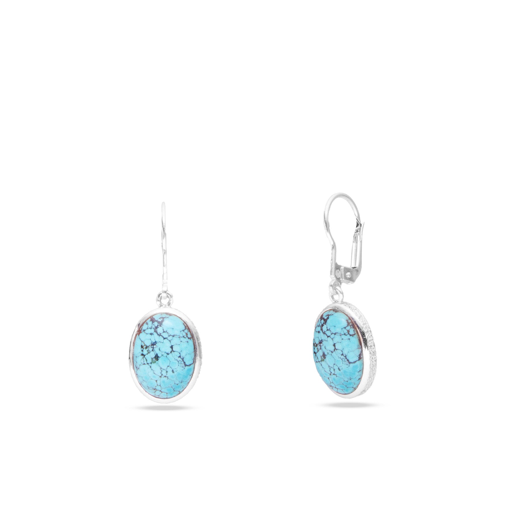 Tibetan Turquoise cabochon oval drop earrings with hammered bezel 