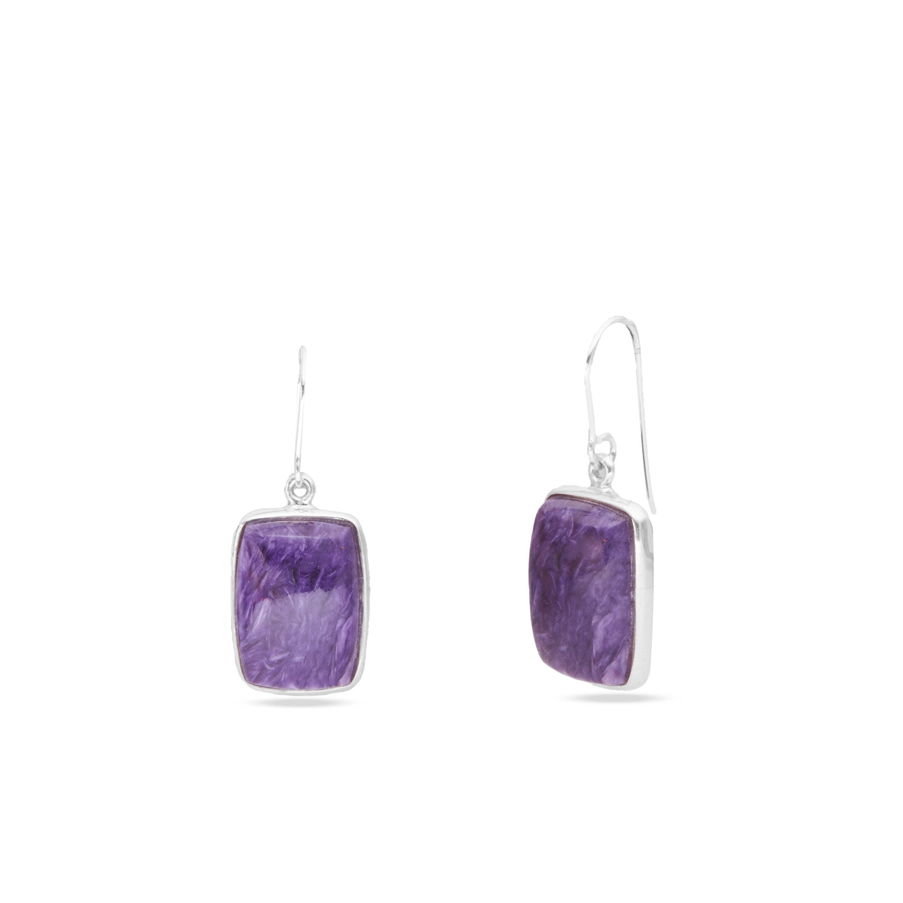 Charoite cabochon rectangle cushion bezel set drop earrings 