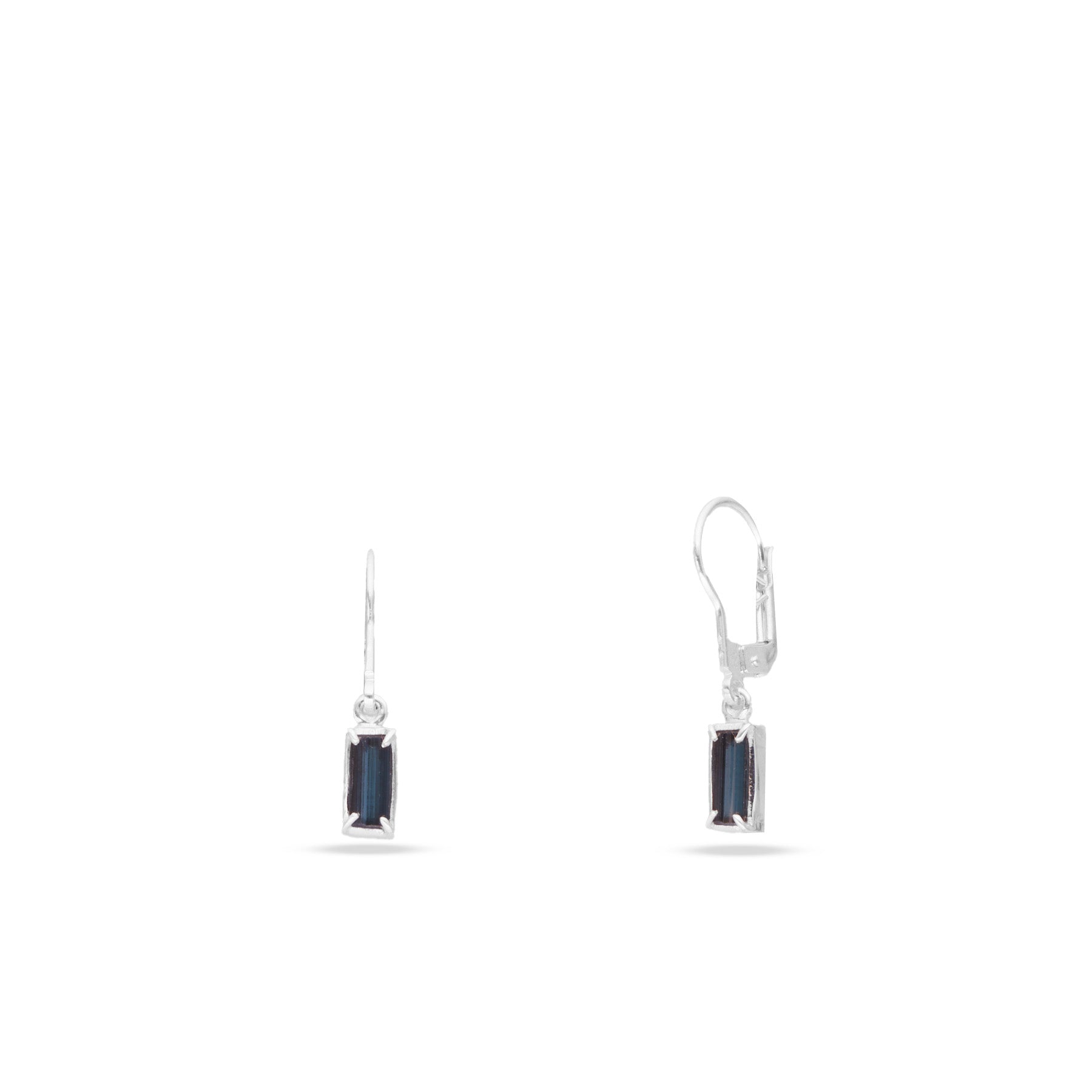 Blue tourmaline rough rectangle drop earrings with claw setting 