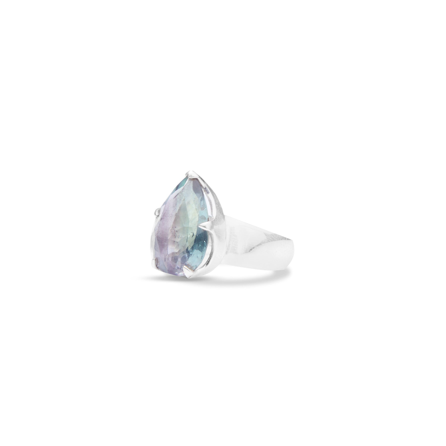 fluorite teardrop ring with thick band and claw bezel  side angle