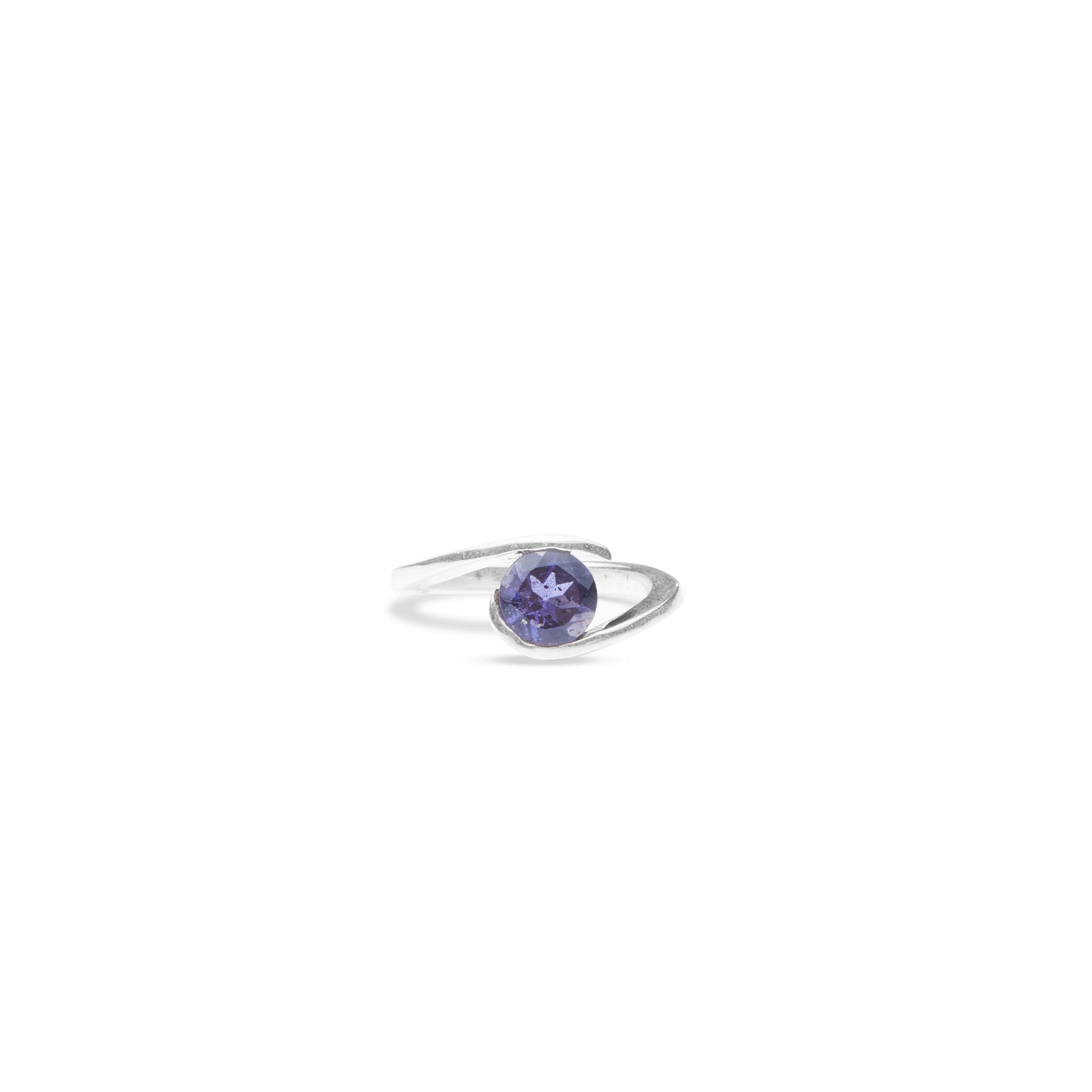 Iolite round faceted ring with clamp claw 