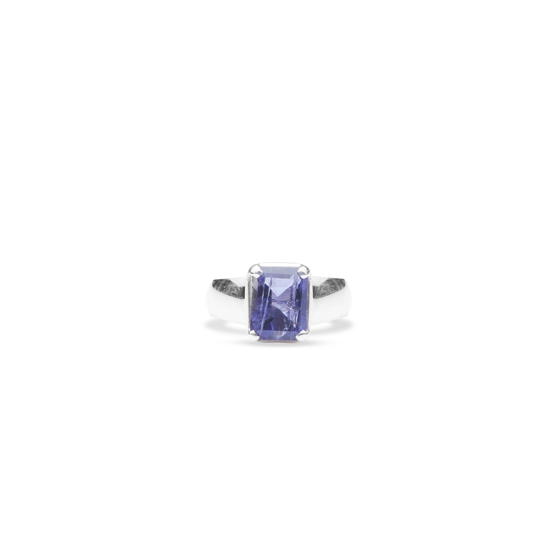 Iolite faceted rectangle claw ring witht thick band front angle