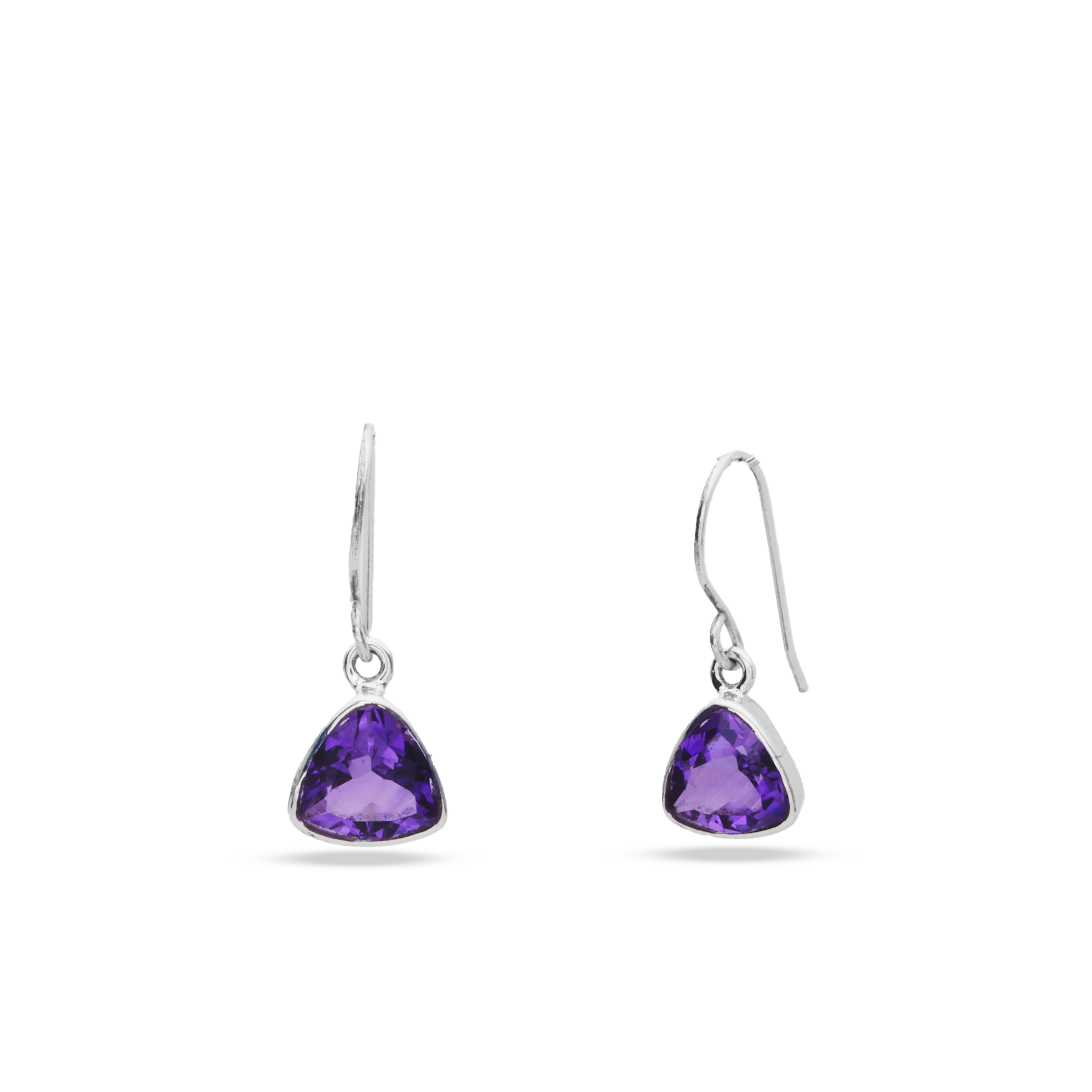 Amethyst triangle faceted drop earrings with bezel setting