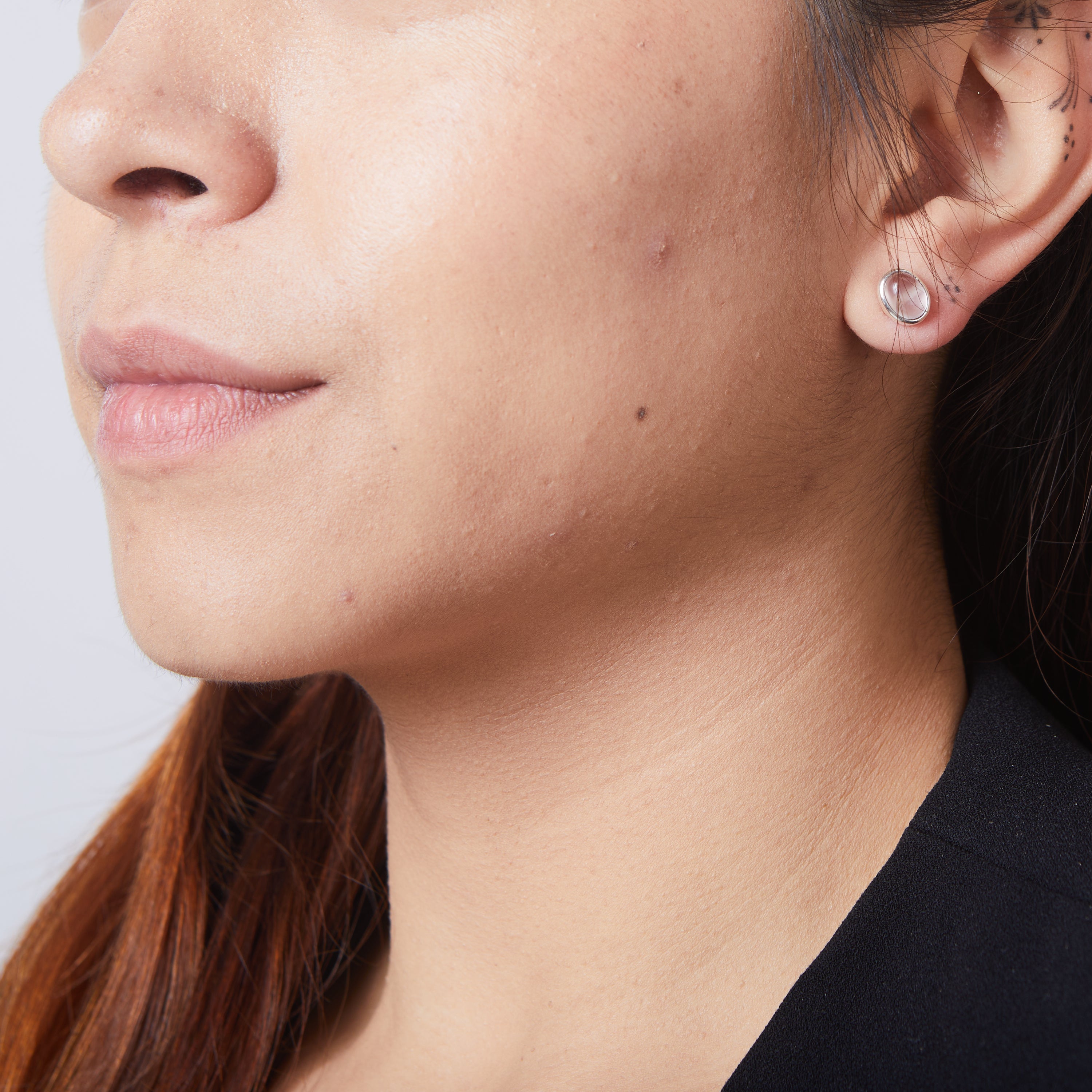 Rose quartz oval cabochon studs with bezel