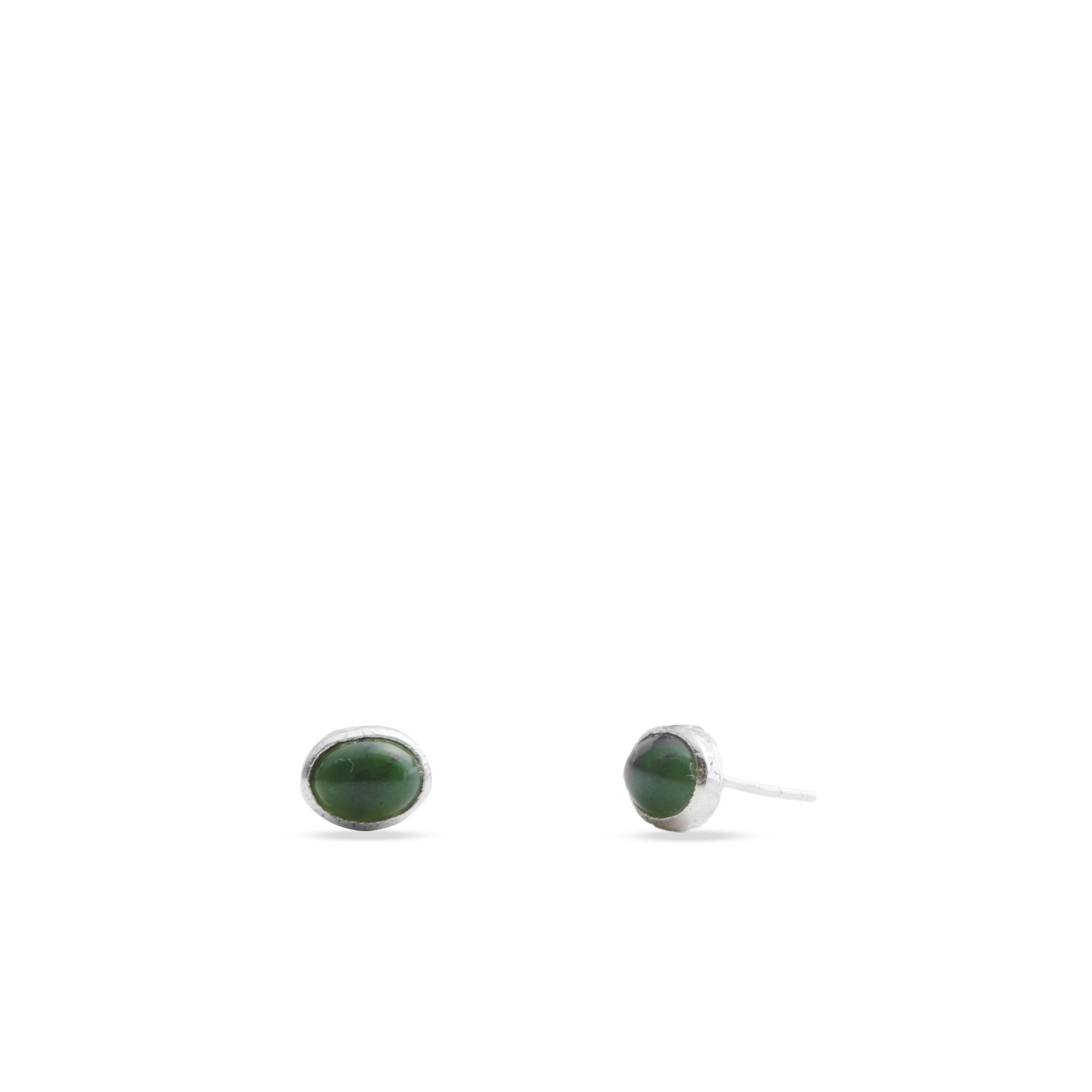 nephrite jade cabochon oval stud earrings with hammered bezel