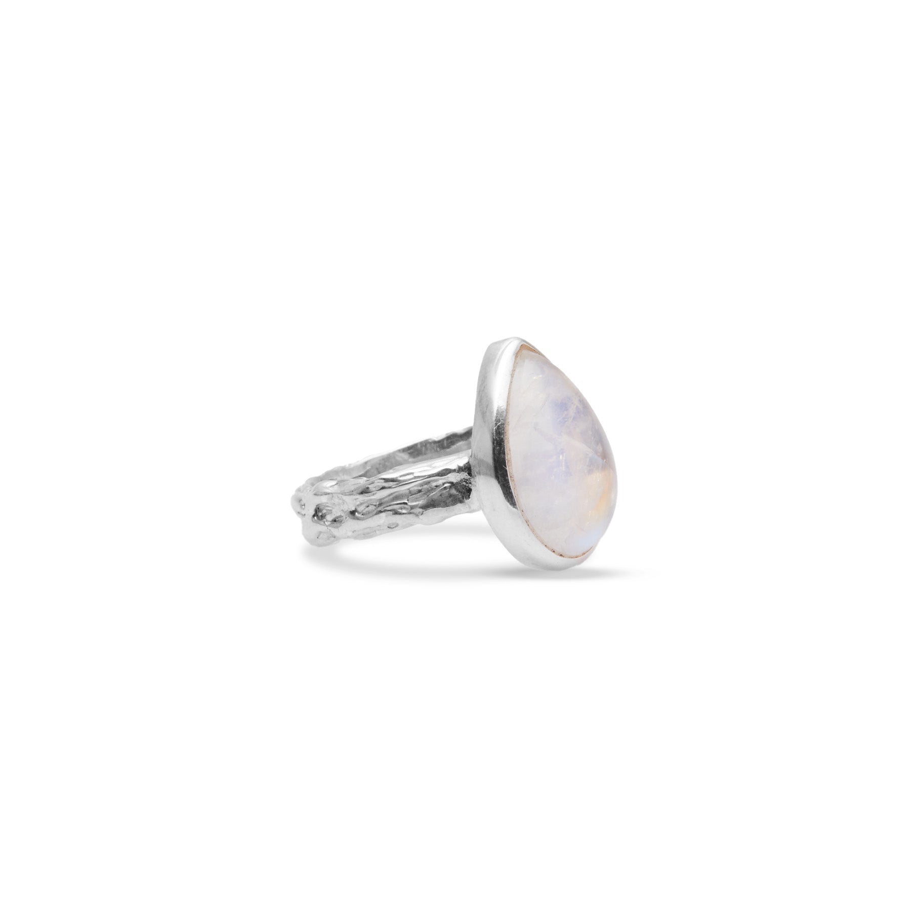 Rainbow Moonstone teardrop cabochon ring with textured band 