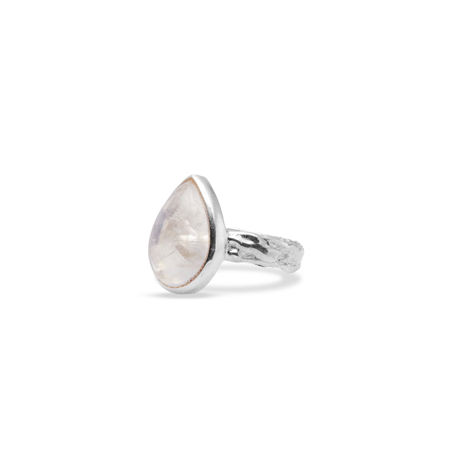 Rainbow Moonstone teardrop cabochon ring with textured band side angle