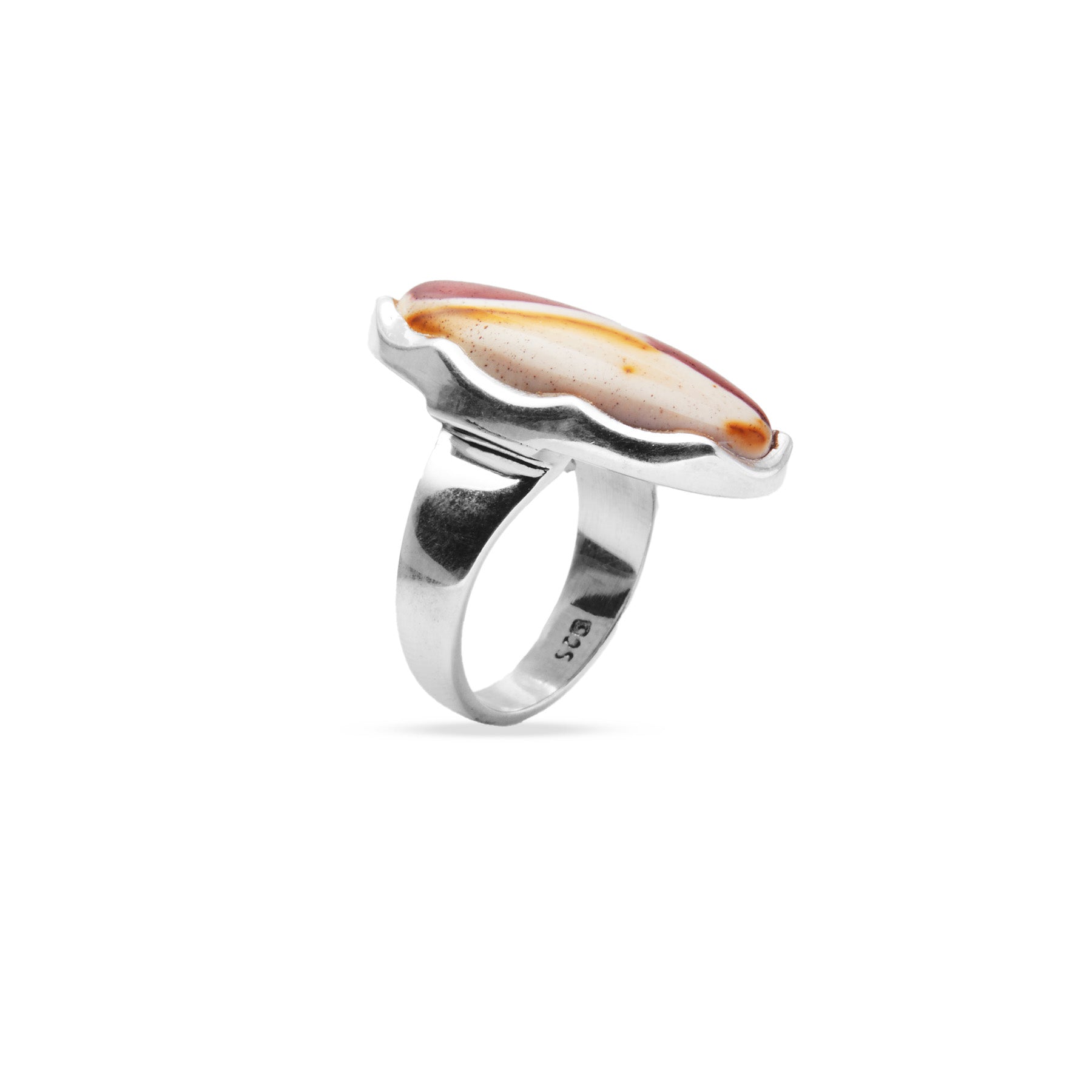 Mookaite oval cabochon ring with wave bezel under side