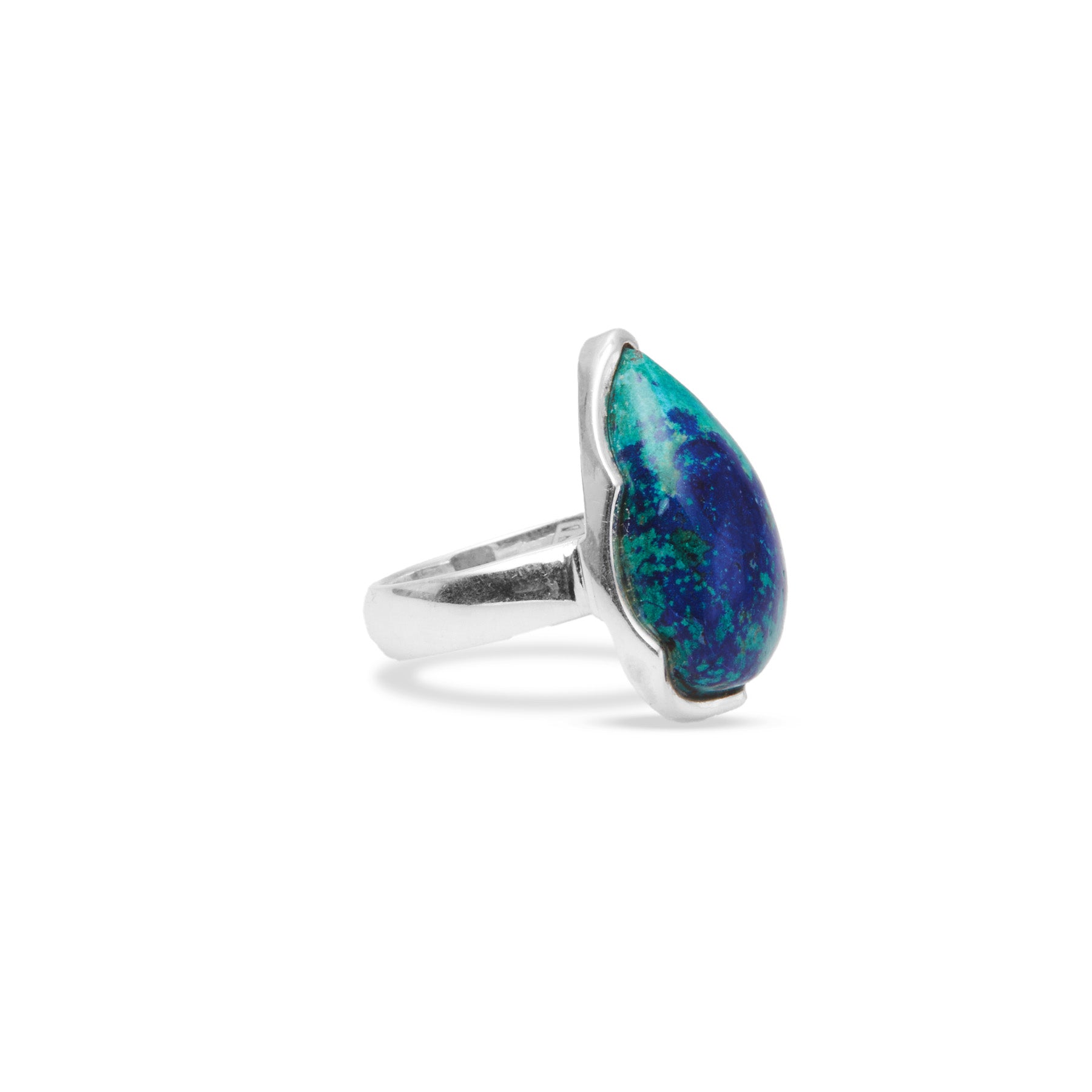 azurite malachite teardrop boat wave setting on ring side angle