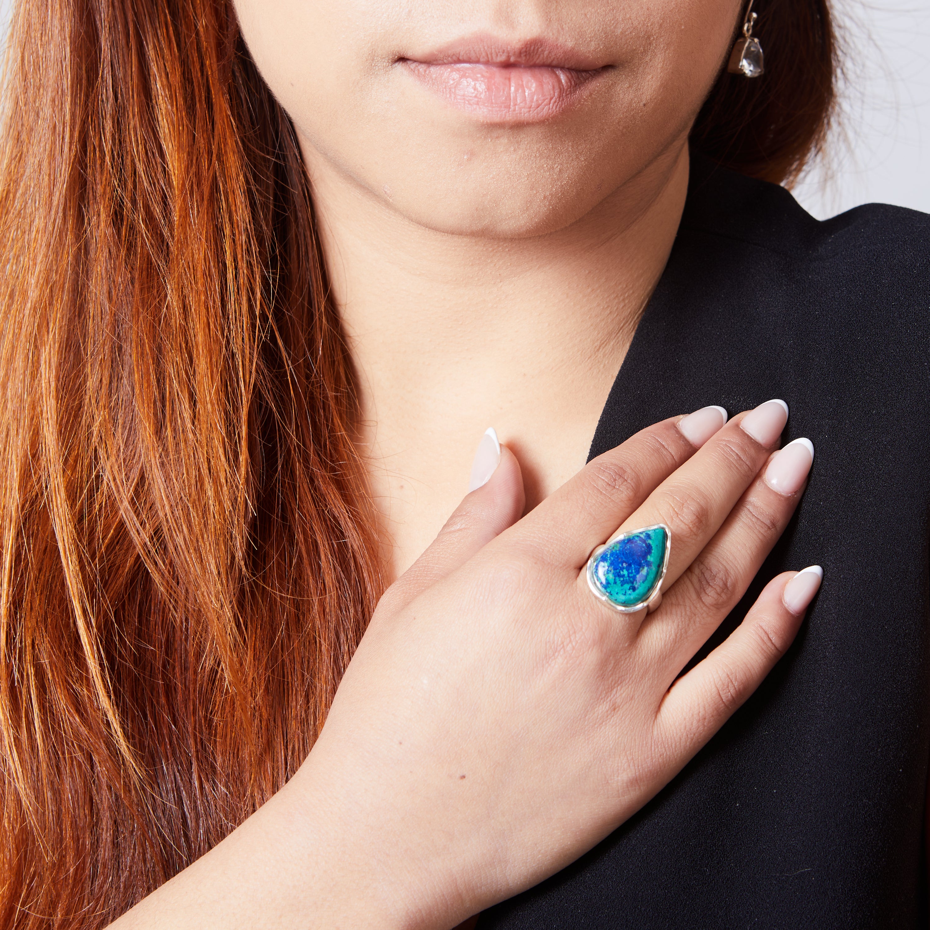 azurite malachite teardrop boat wave setting on ring on model