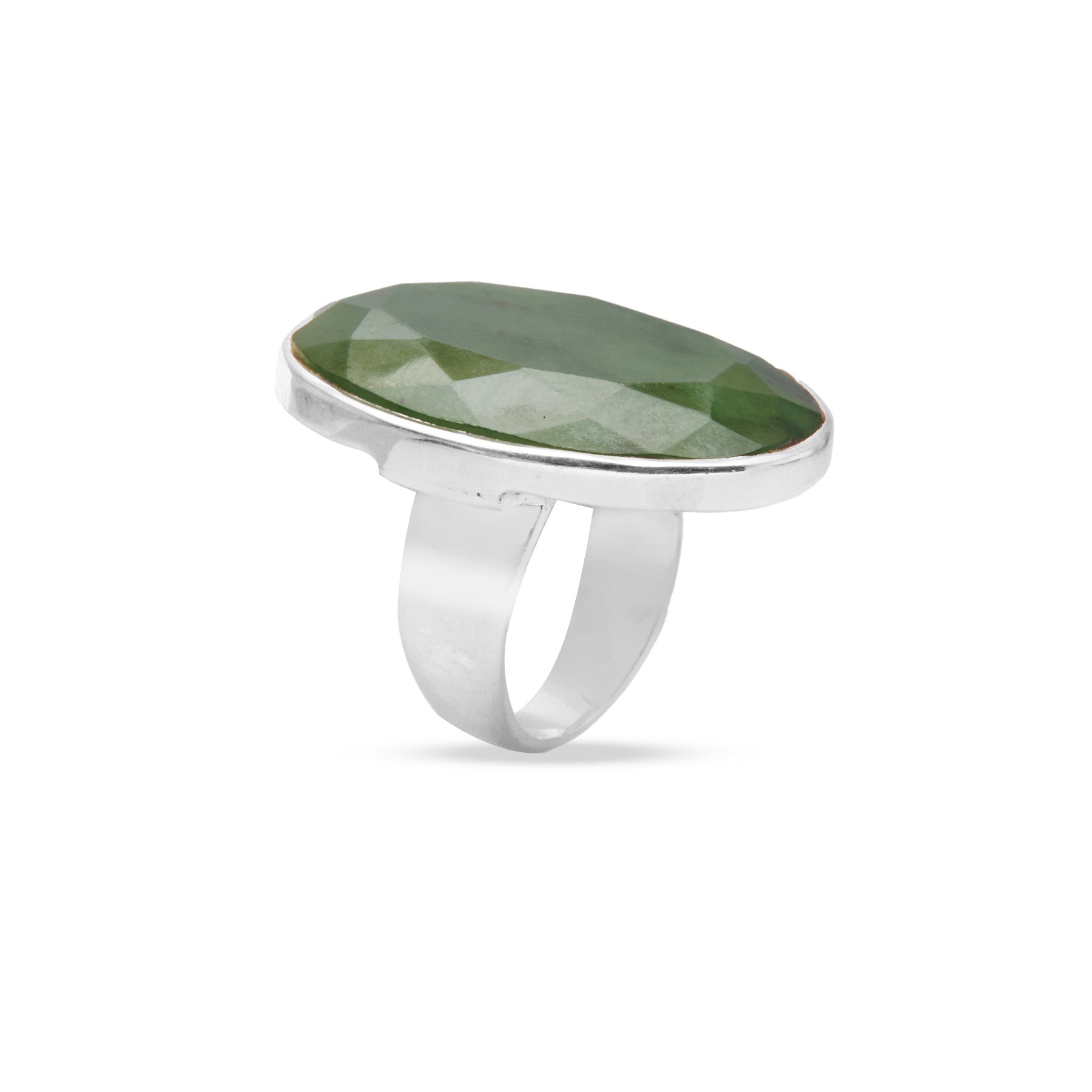 Nephrite Jade faceted oval ring with thick band under side