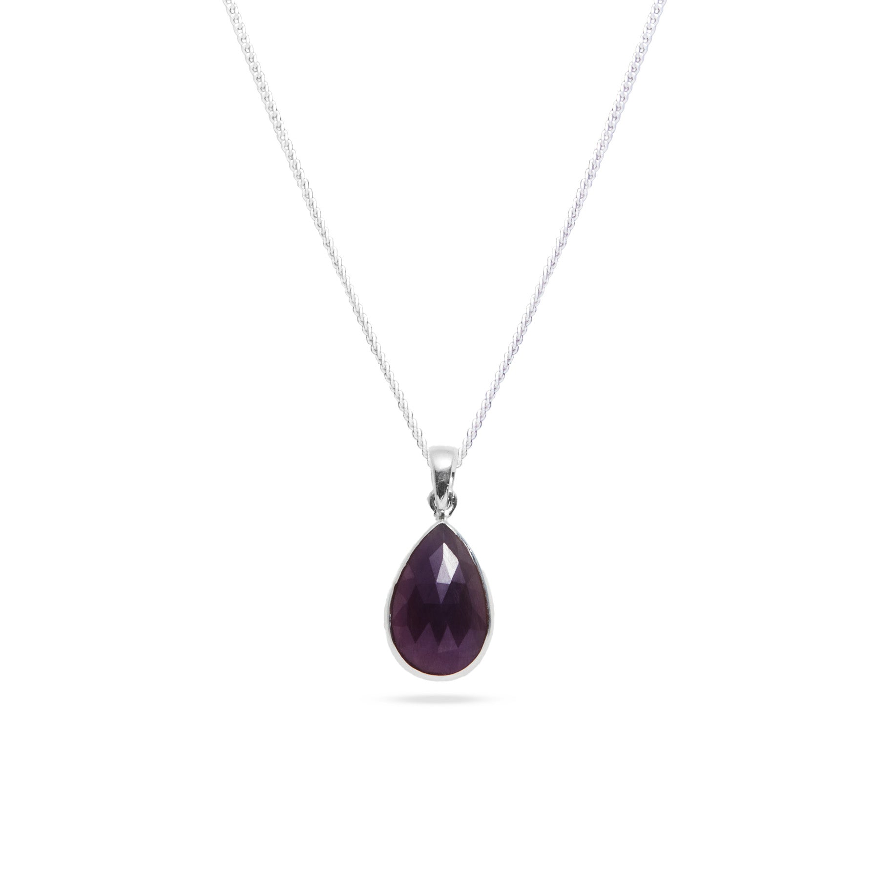 Ruby checkerboard faceted teardrop pendant with bezel set