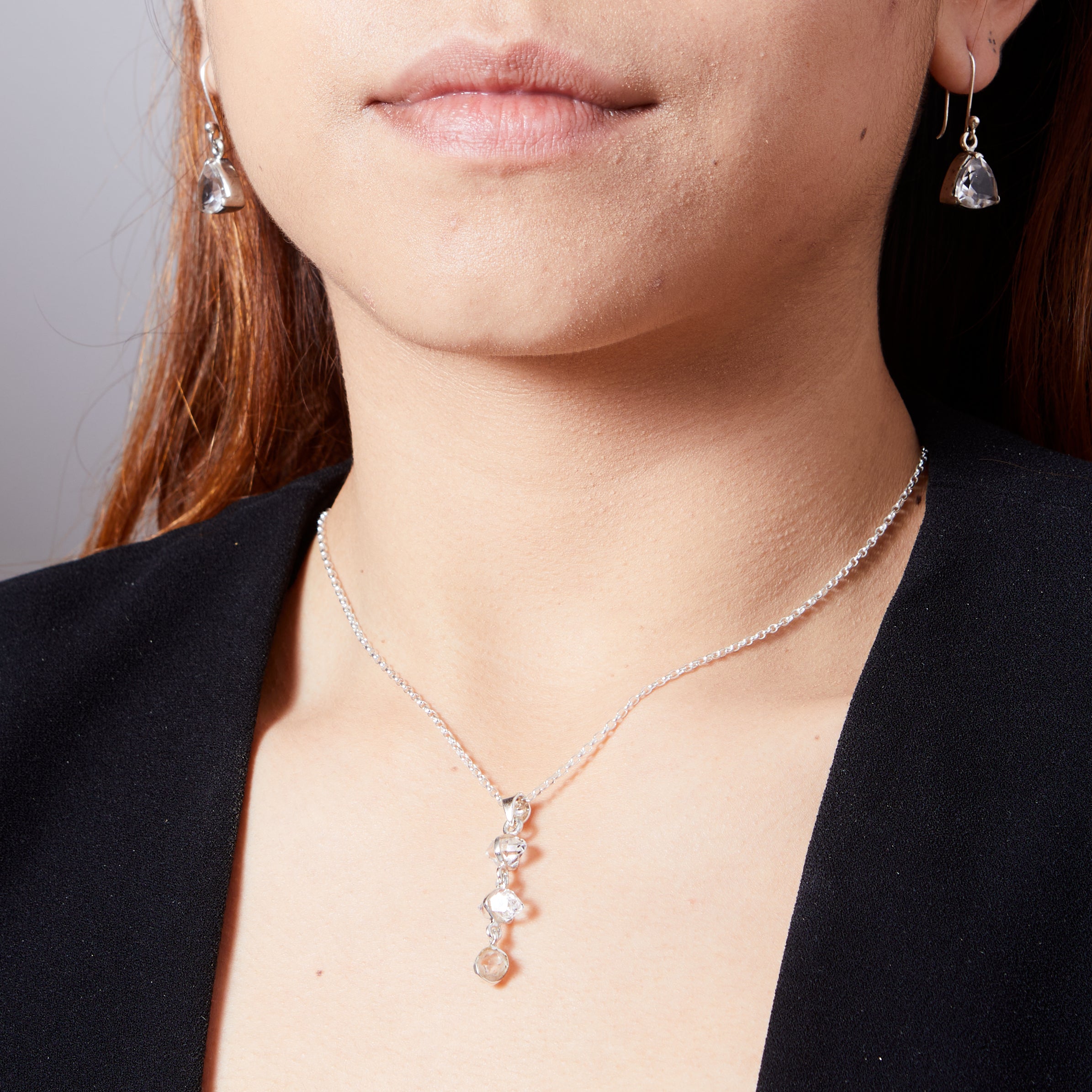 Herkimer Diamond Belt Necklace with three drops on model