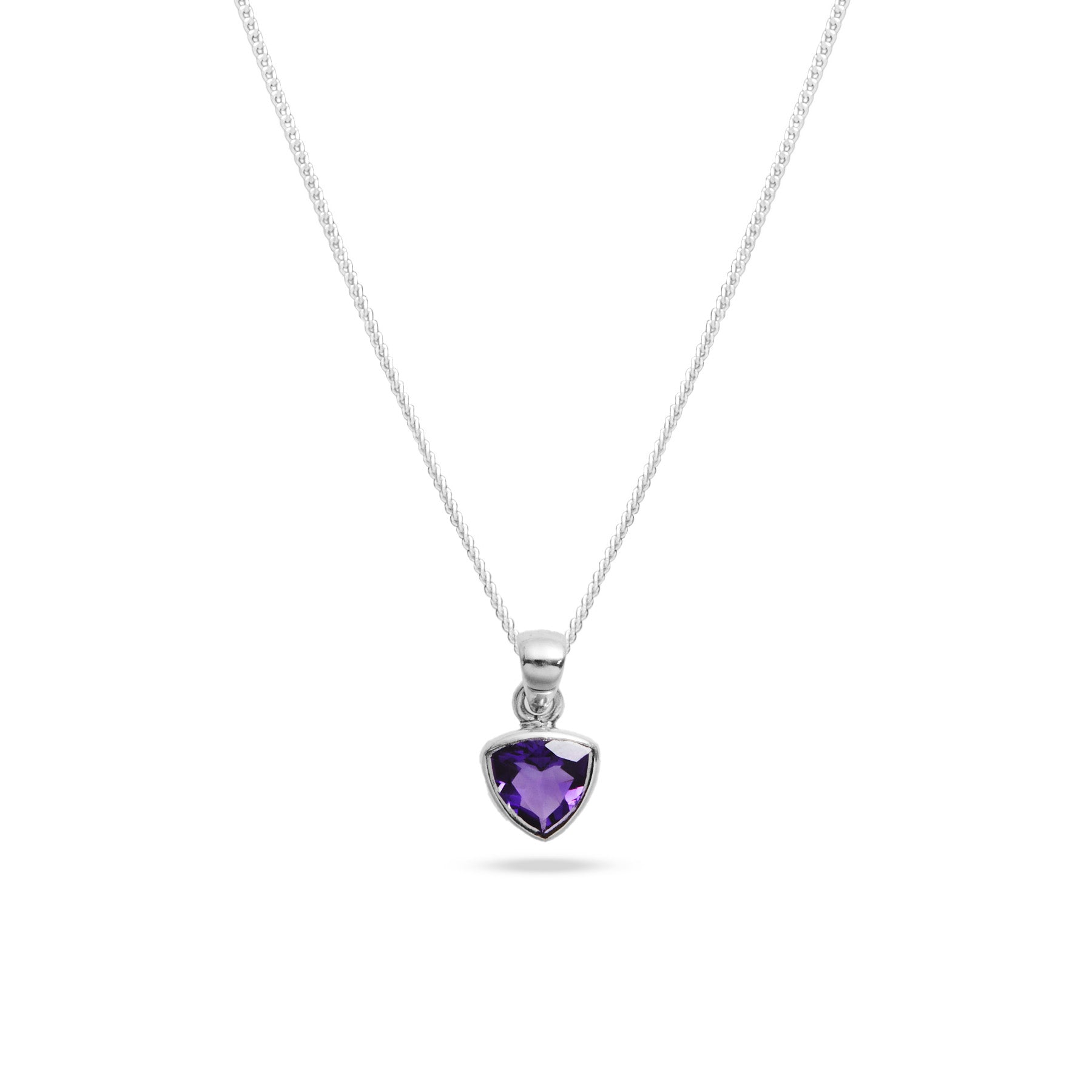 Amethyst faceted inverted triangle with bezel set pendant 