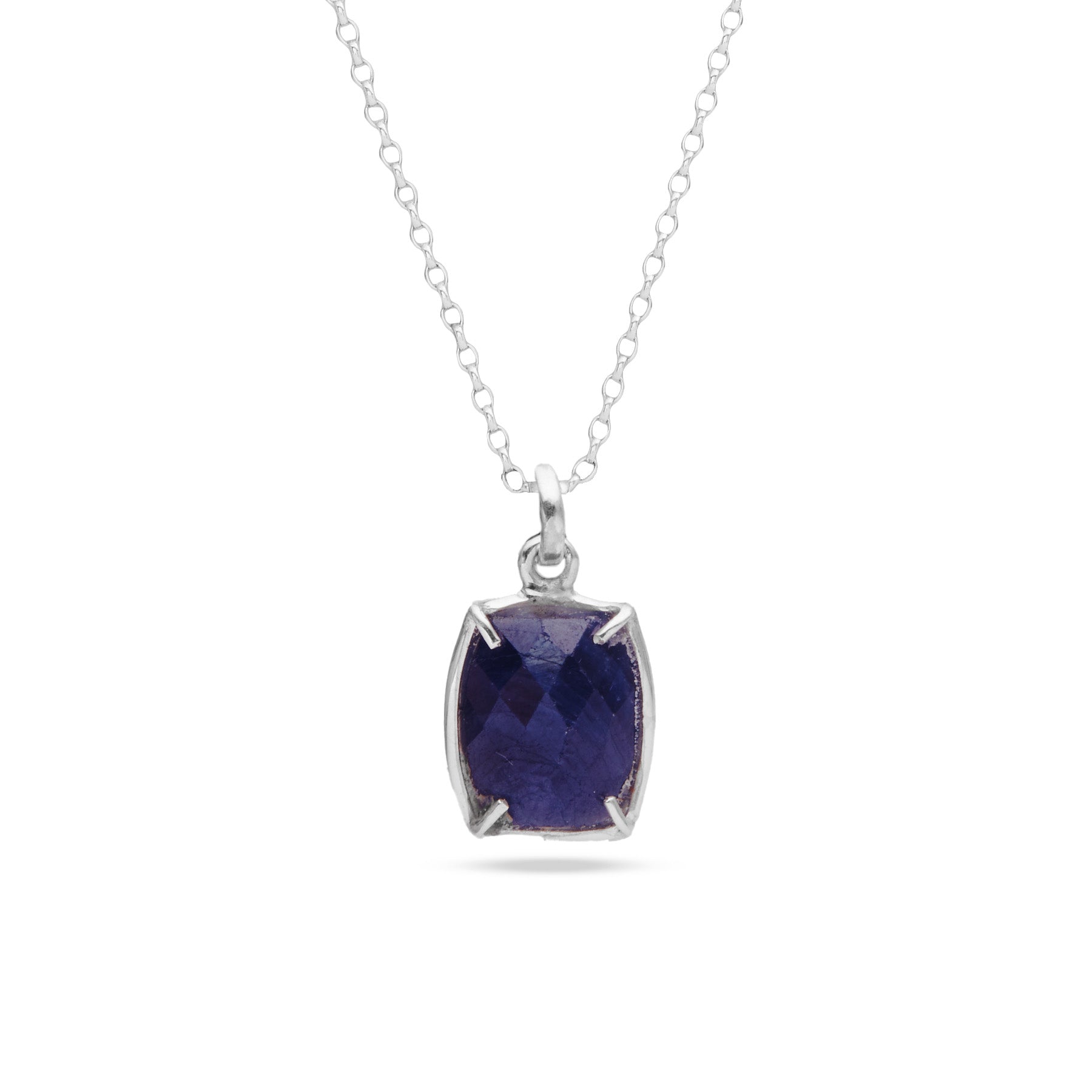 Sapphire rectangle cushion checkerboard faceted claw set pendant 