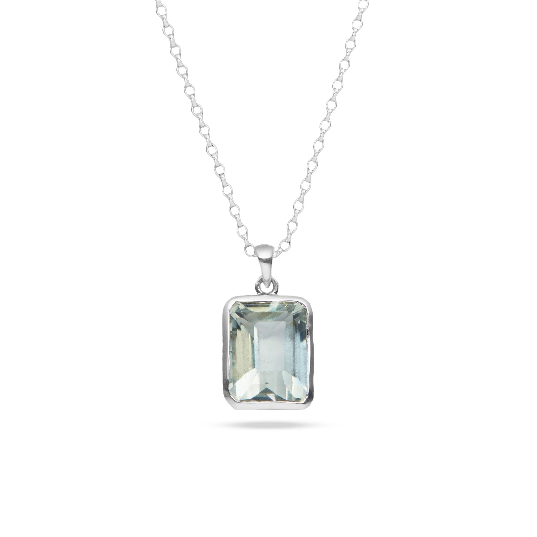 Green Quartz faceted rectangle bezel set pendant 