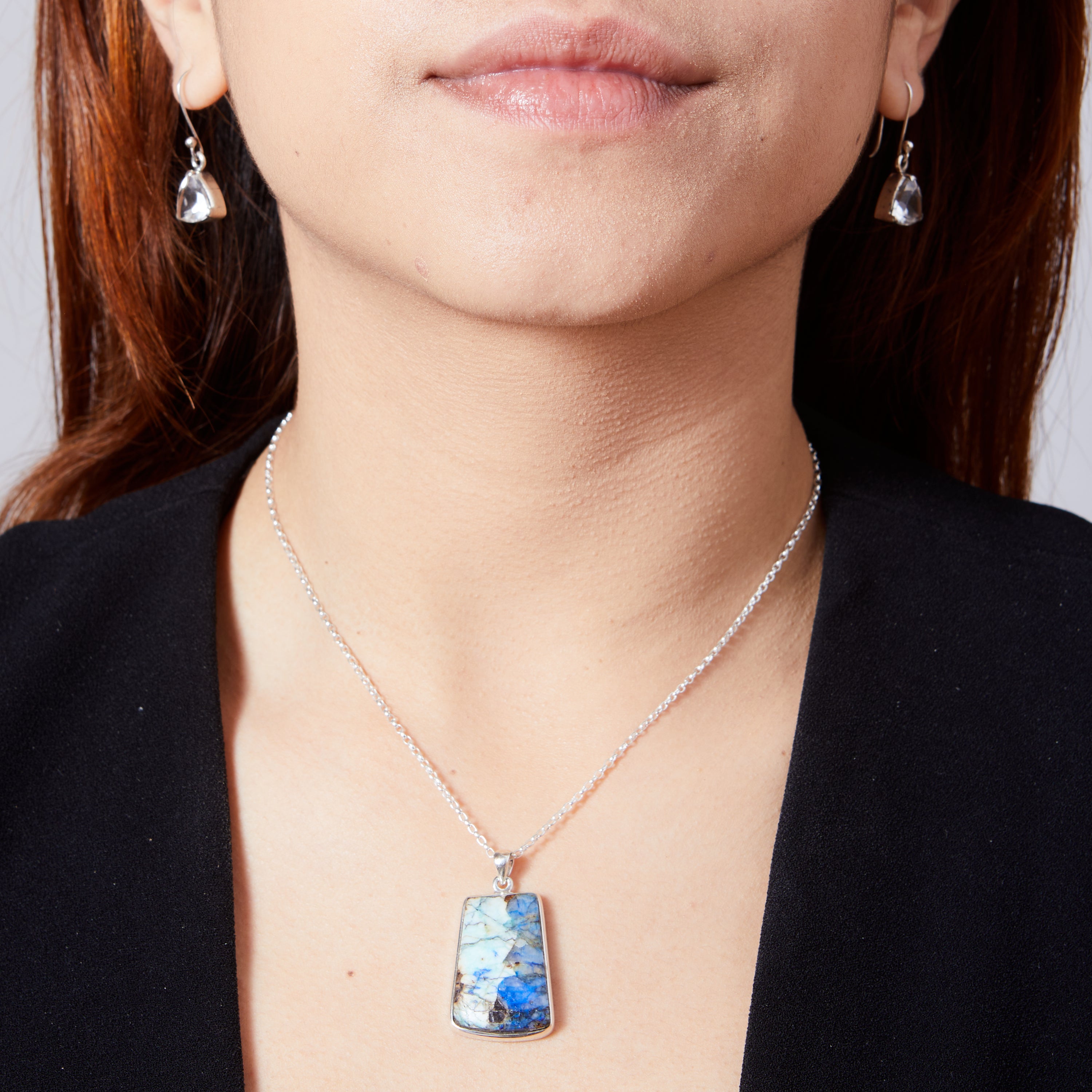 Azurite turquoise cabochon freeform bezel set pendant  on model