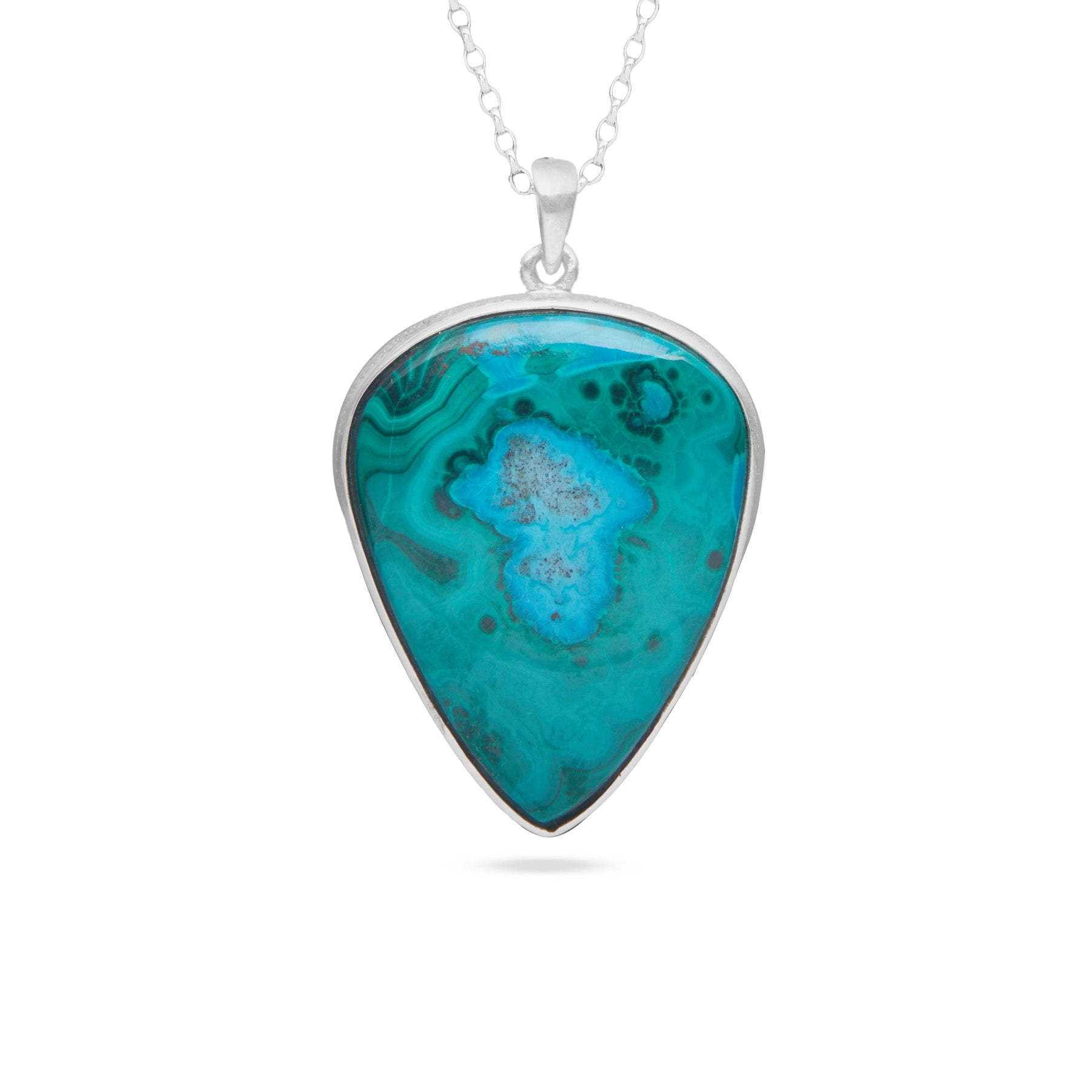 Chrysocolla Malachite inverted teardrop cabochon bezel set pendant 