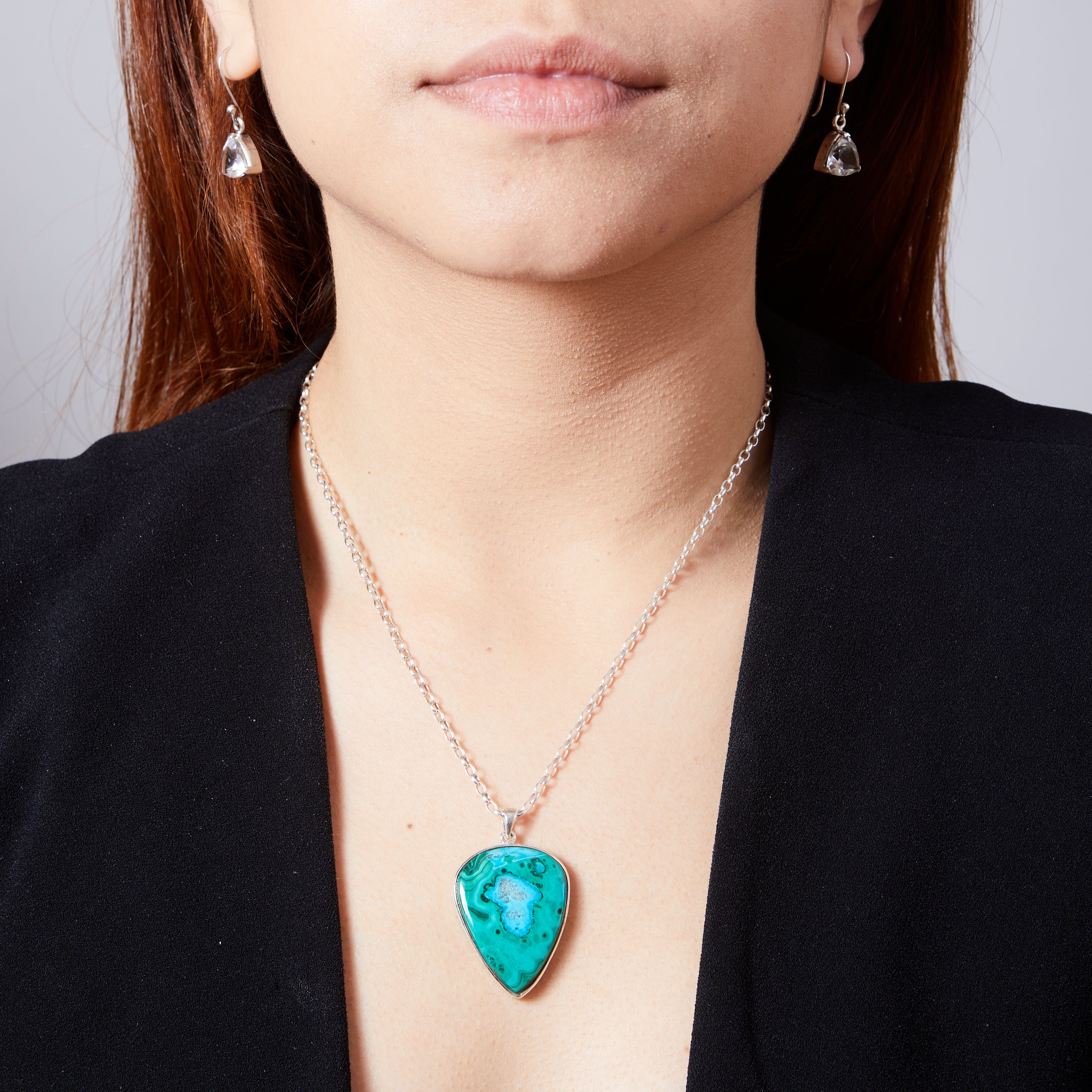 Chrysocolla Malachite inverted teardrop cabochon bezel set pendant on model