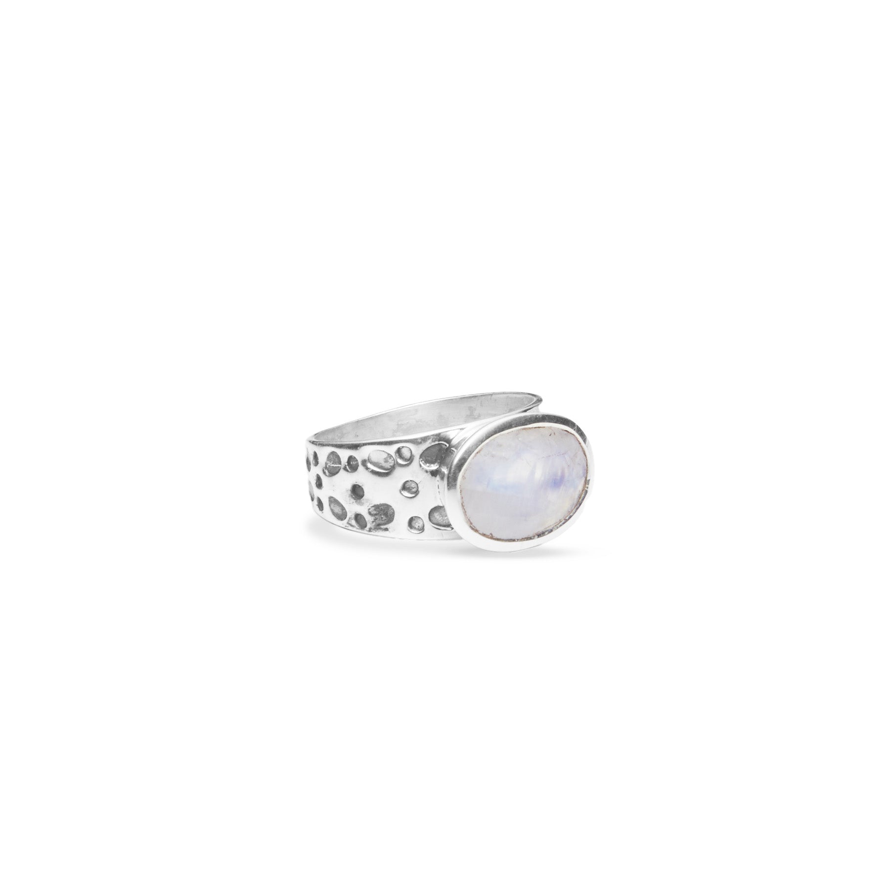 Rainbow Moonstone oval faceted bezel set ring with dot textured band 