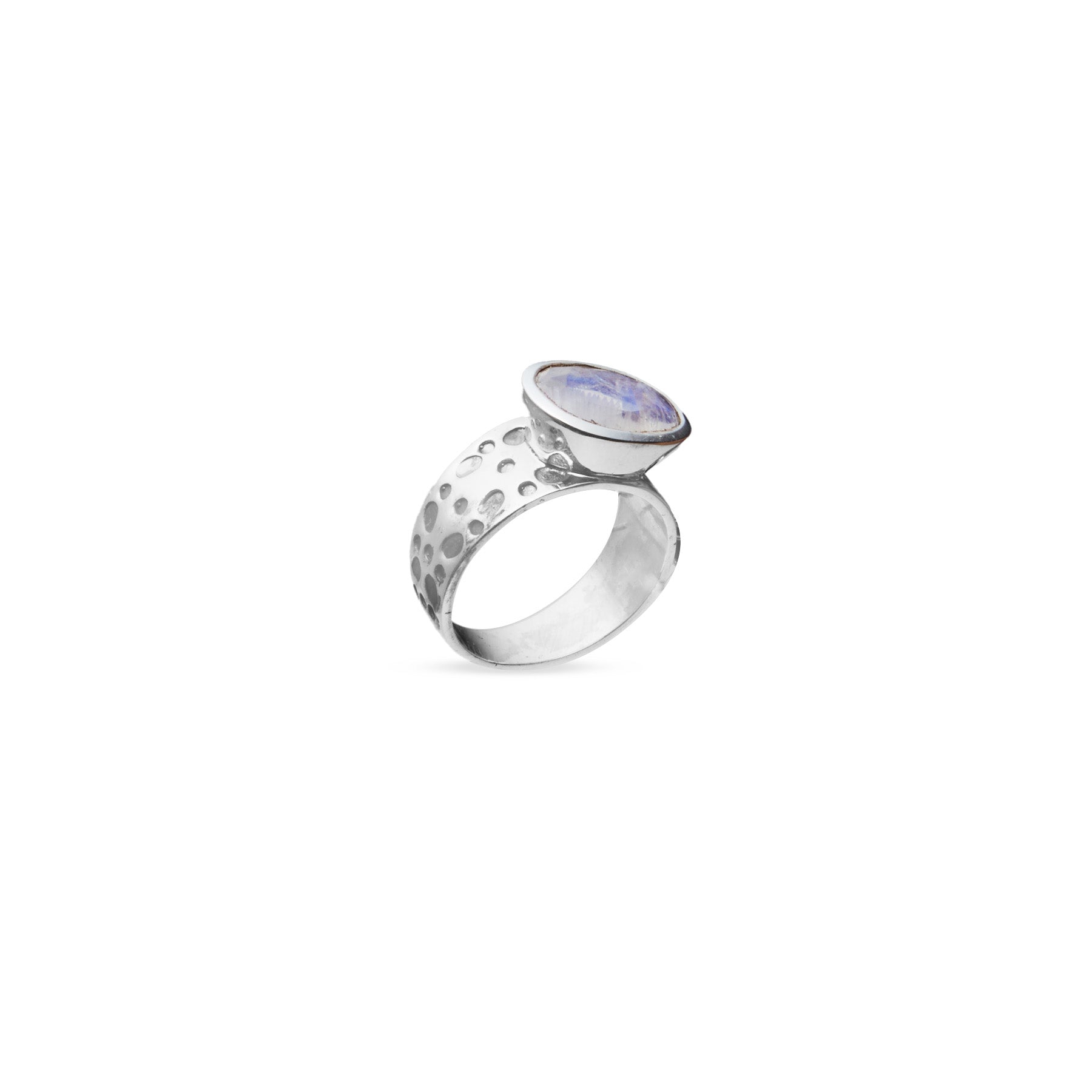 Rainbow Moonstone oval faceted bezel set ring with dot textured band under side