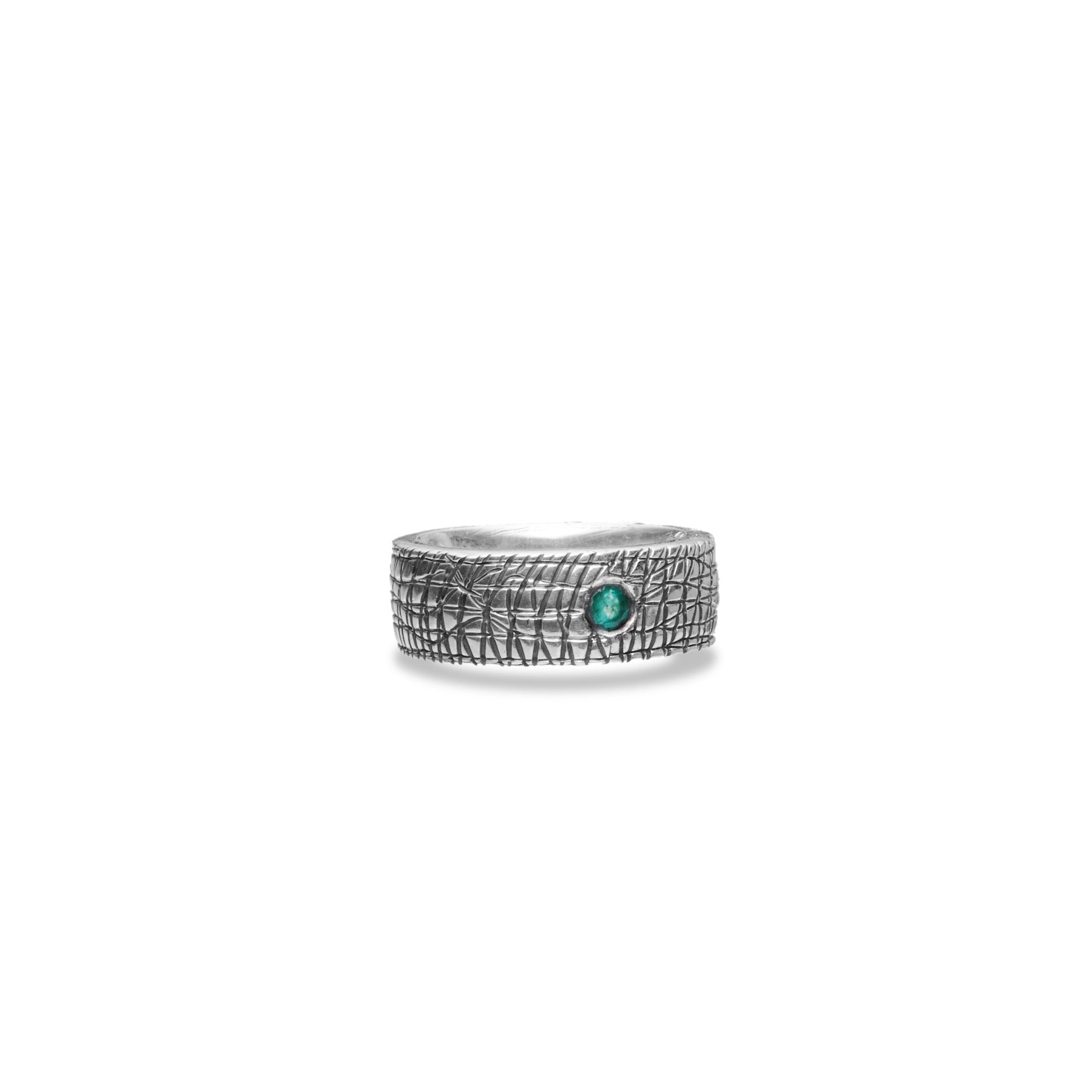 Emerald and sterling silver ring with thick textured band 