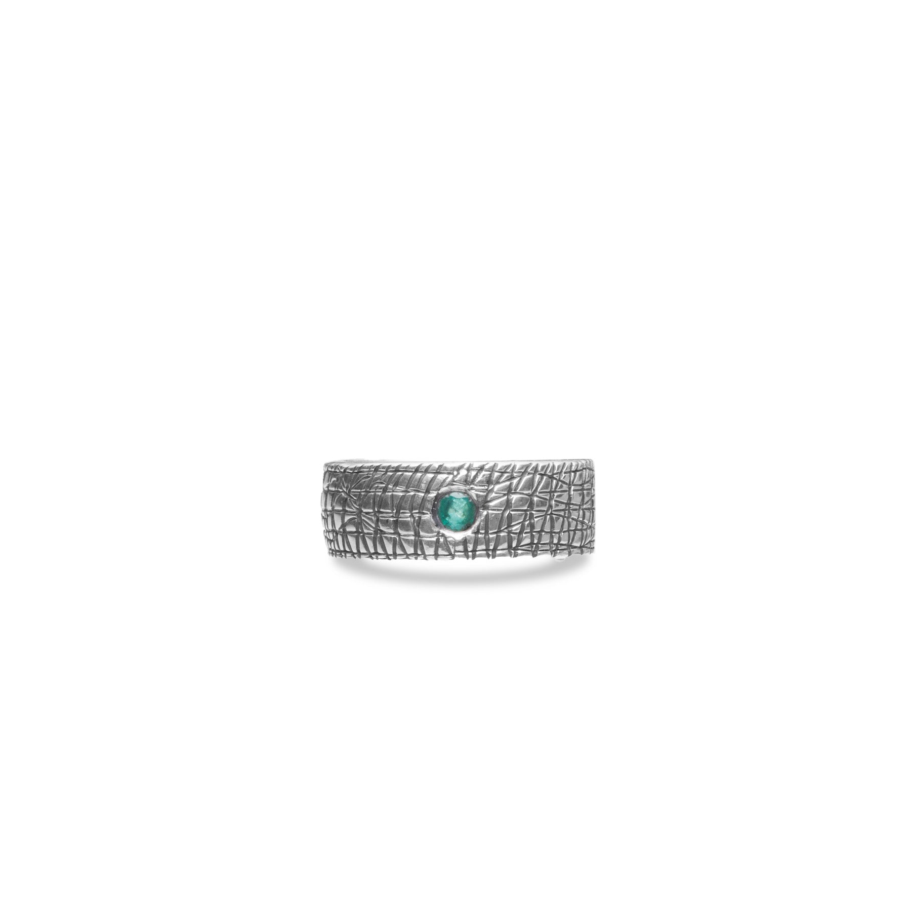 Emerald and sterling silver ring with thick textured band 