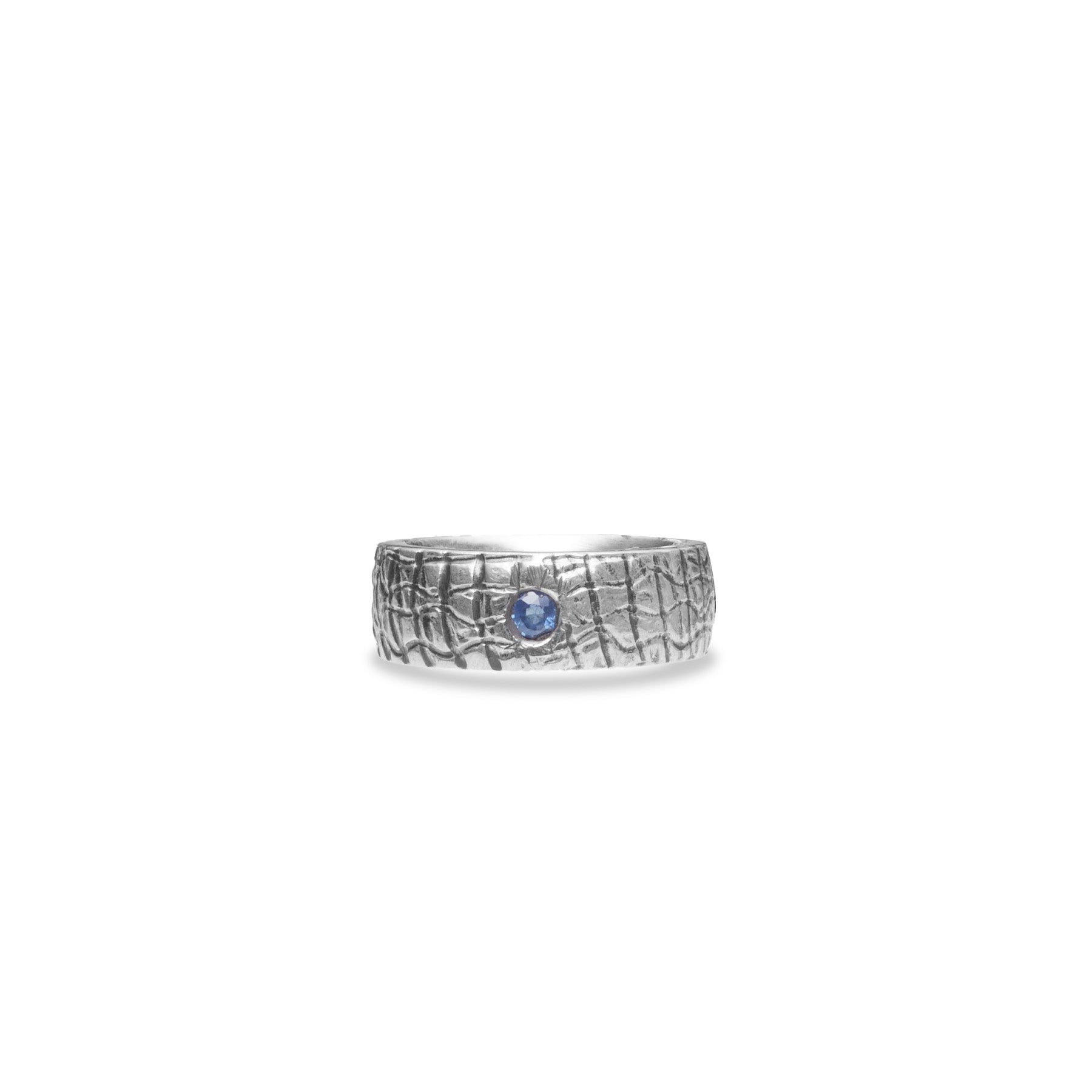 sapphire round faceted ring with thick textured band 